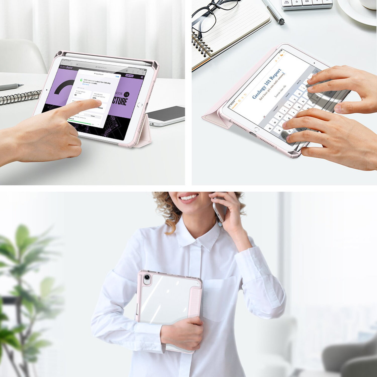 Tablet in rosa Hülle, wird von Personen benutzt und gehalten.