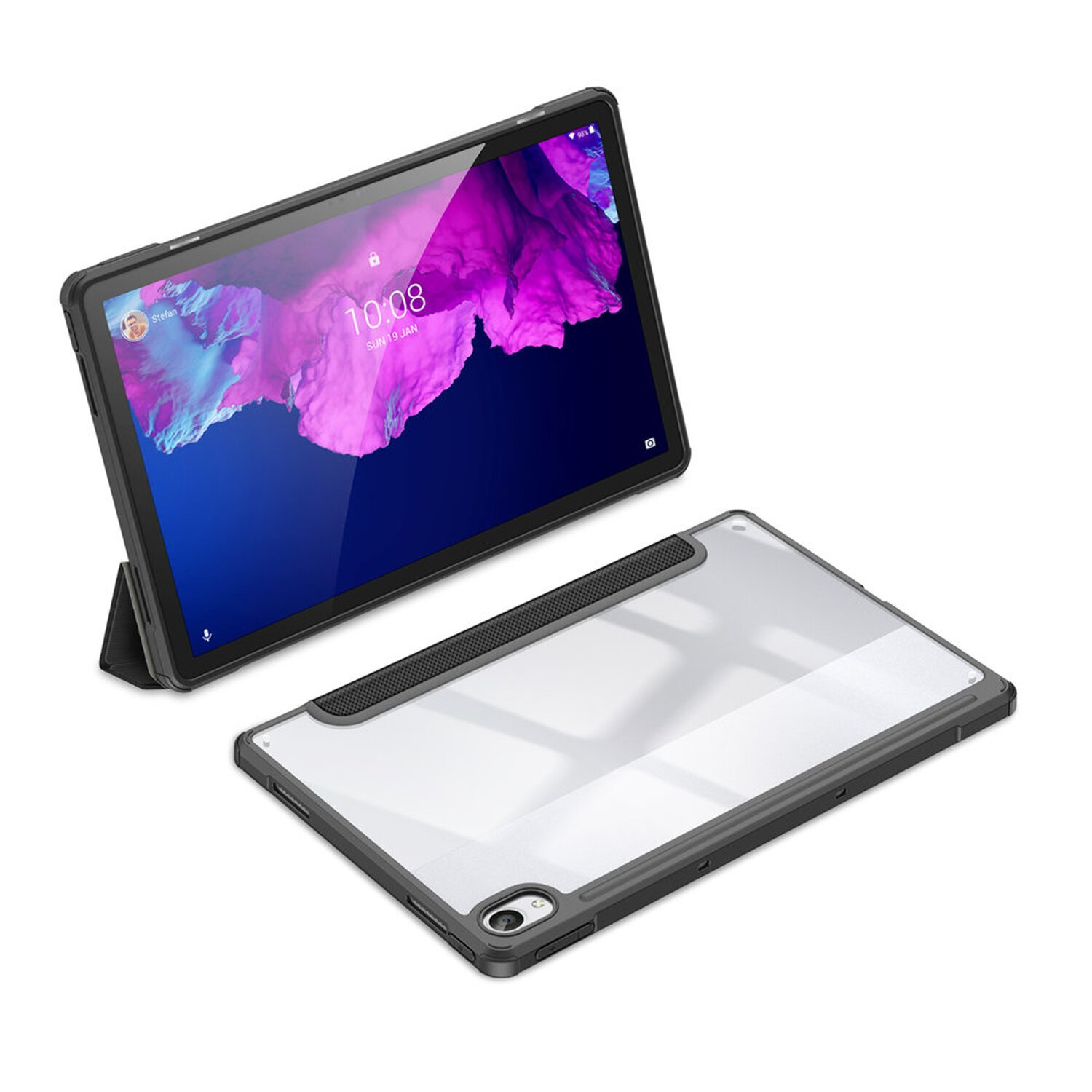 Ein Tablet in einem Gehäuse, mit einem zweiten Gehäuse darunter. Der Bildschirm zeigt eine Oberfläche.