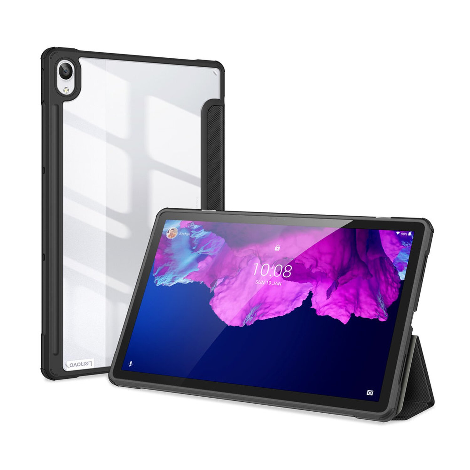 Ein Tablet mit Hülle, zeigt den Bildschirm. Die Hülle ist hinten transparent.