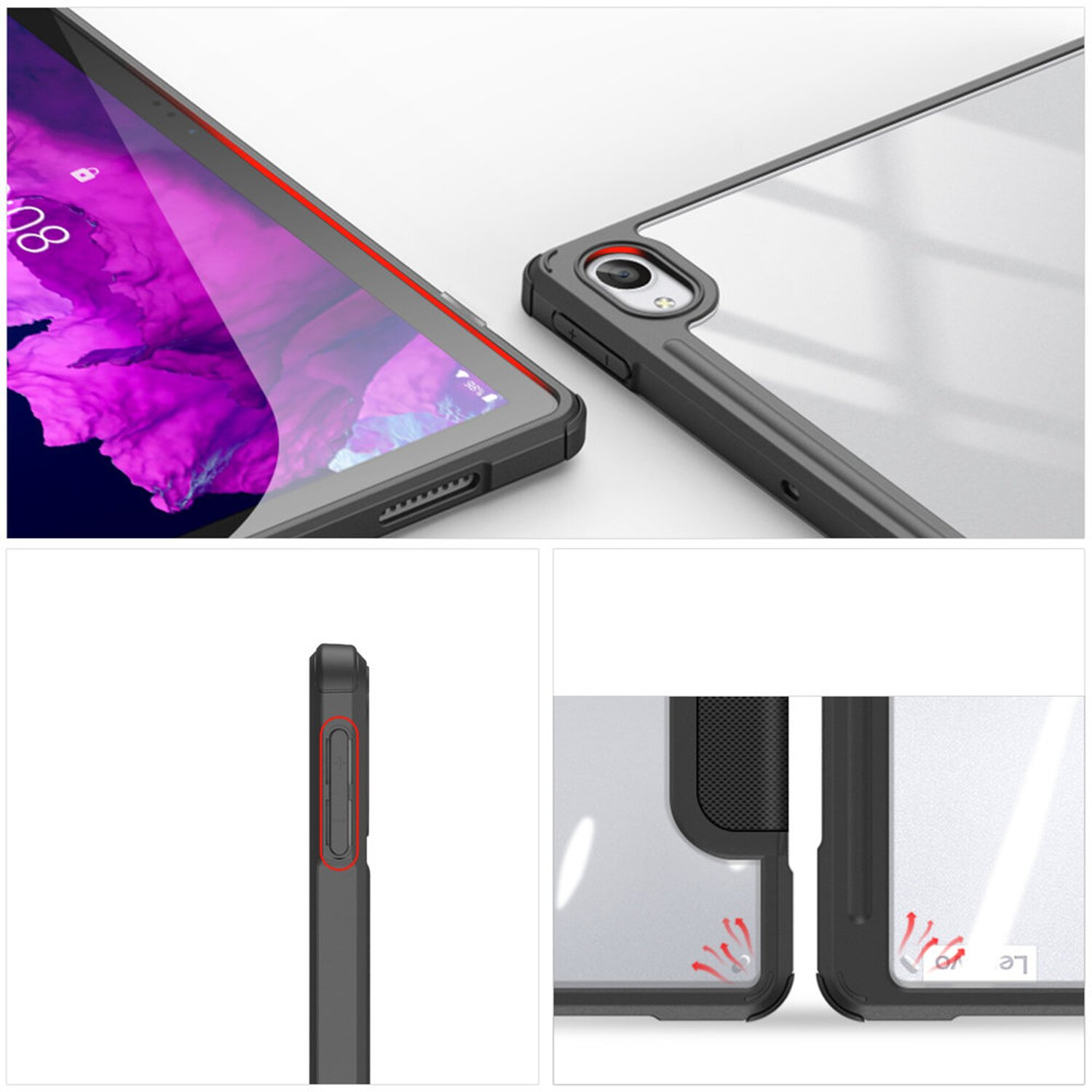 Tablet in einer Hülle. Zeigt den Bildschirm und die Schutzfunktionen der Hülle.