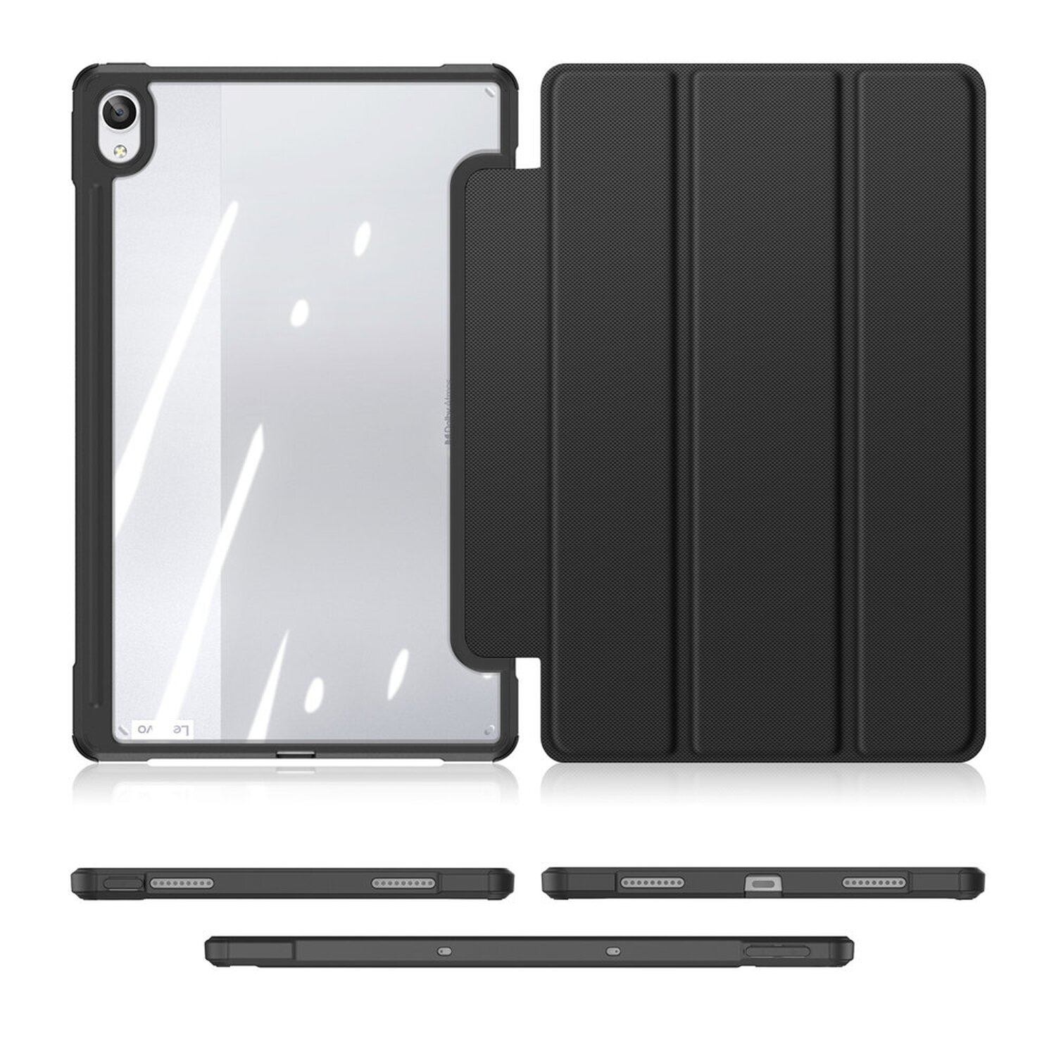 Schwarze Tablethülle mit durchsichtigem Rücken, offen und Seitenansichten. Es hat eine Magnetabdeckung.