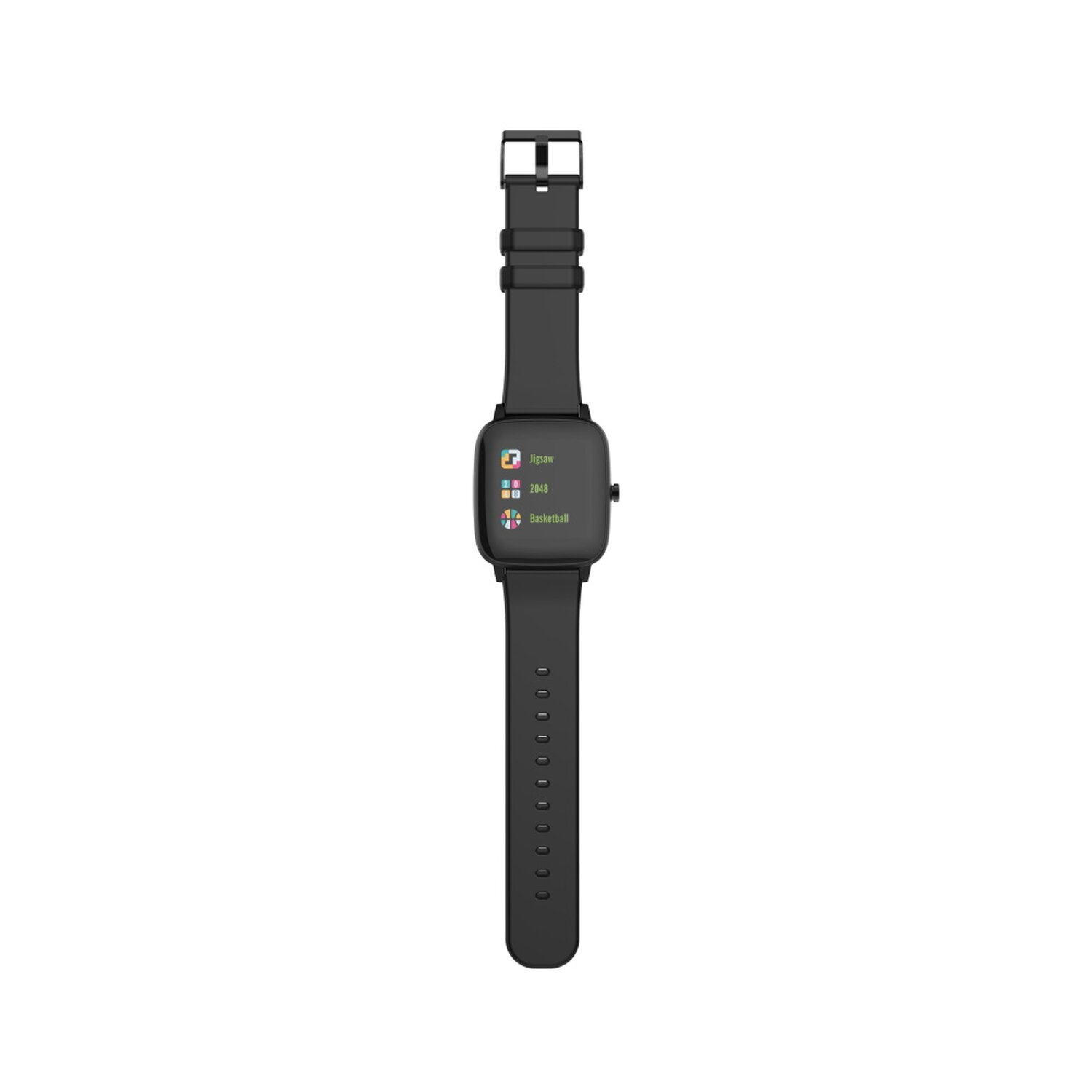 Schwarze Smartwatch mit schwarzem Armband. Anzeige zeigt App-Symbole, weißer Hintergrund.