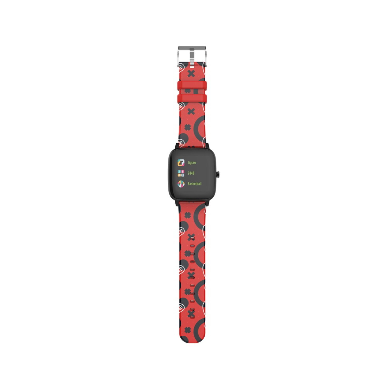 Smartwatch mit rotem Armband, das Zifferblatt zeigt Apps, darunter Puzzle und Basketball.