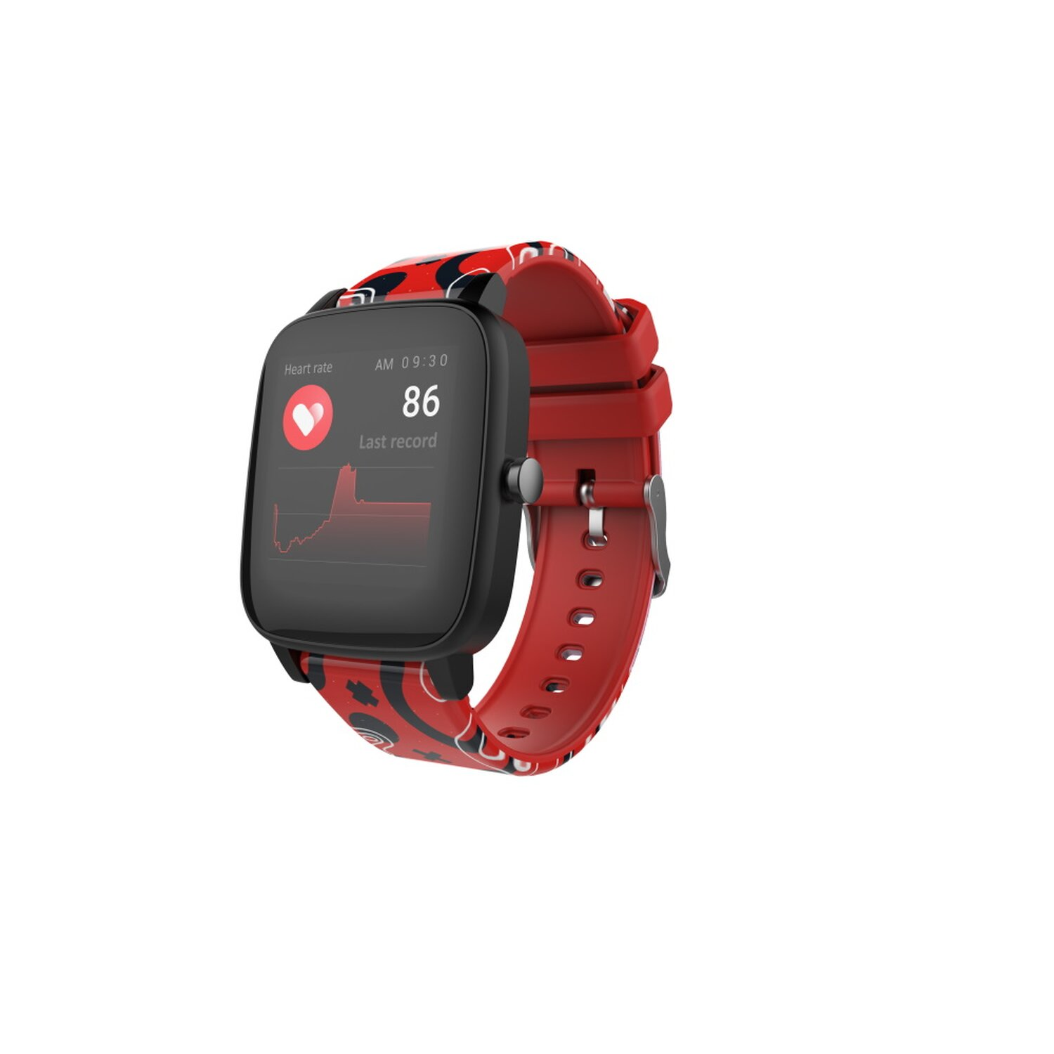 Smartwatch mit rotem Band, zeigt Herzfrequenz und Uhrzeit.