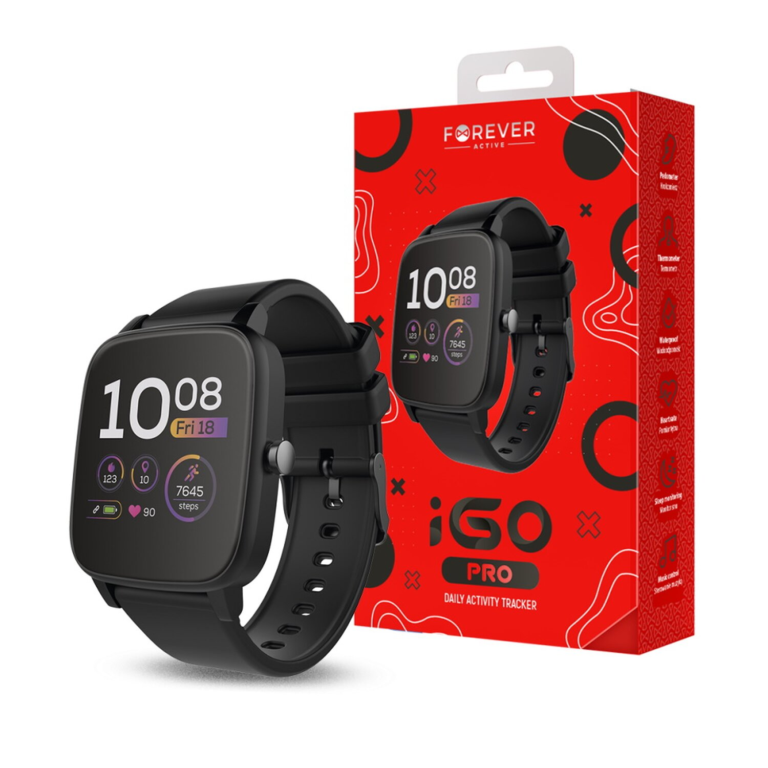 Schwarze Smartwatch auf weißer Oberfläche mit Box. Die Uhr zeigt Zeit, Schritte und Herzfrequenz.