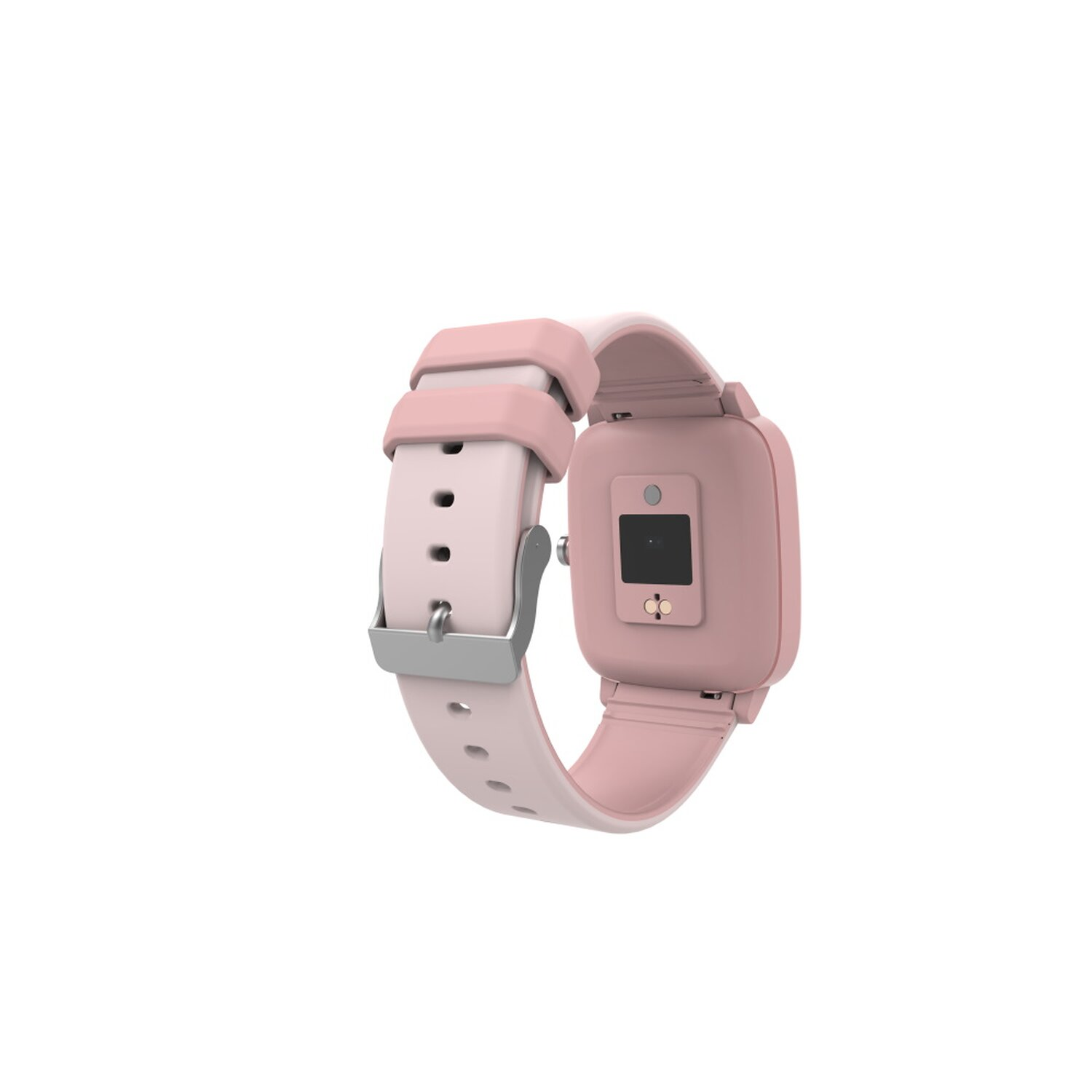 Eine rosa Smartwatch mit rosa Armband, silberner Schnalle und schwarzem Bildschirm.