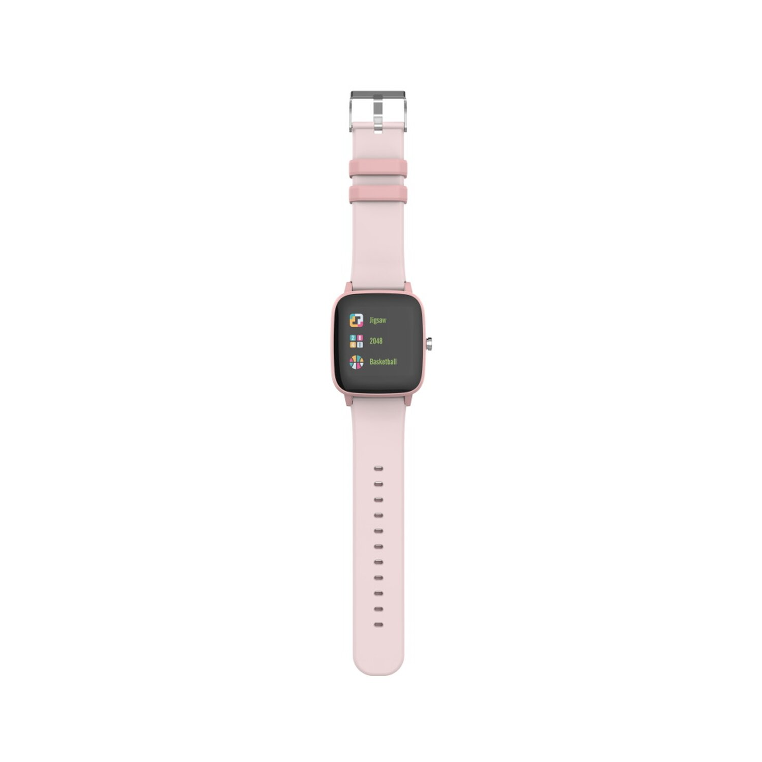 Rosafarbene Smartwatch. Sie hat ein quadratisches Display, das Apps zeigt, mit einem rosa Armband.