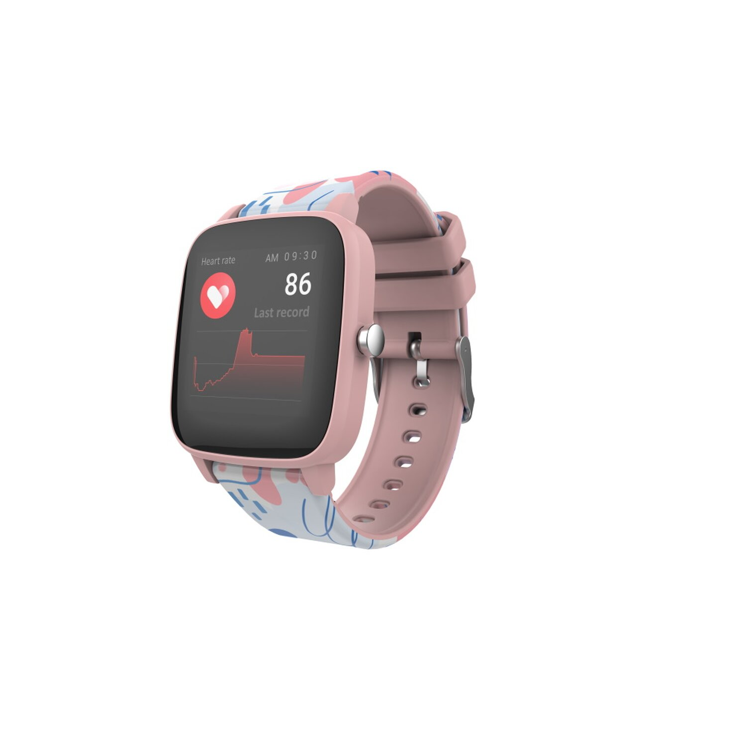 Eine rosa Smartwatch mit gemustertem Armband, die Herzfrequenz und Uhrzeit anzeigt.