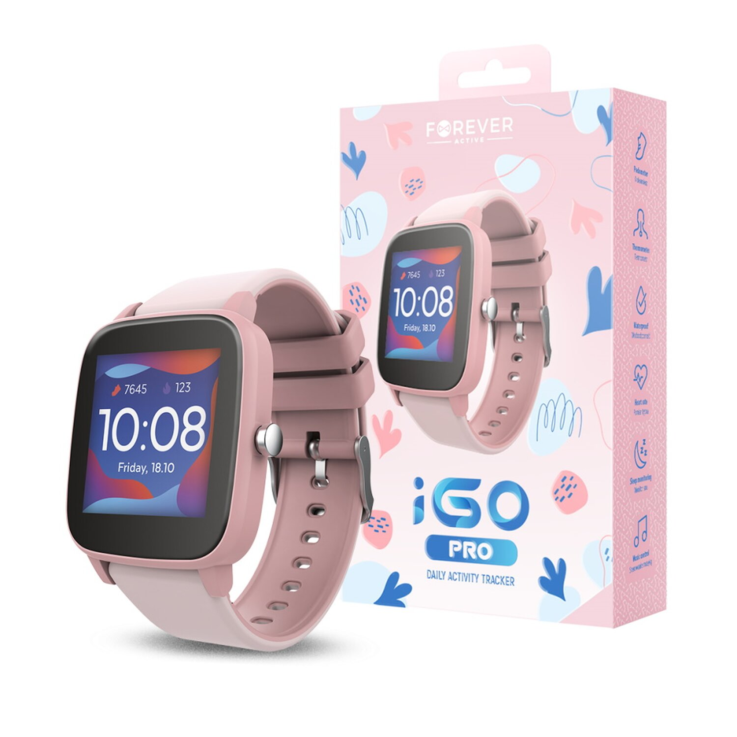 Rosa Smartwatch mit Box. Die Uhr zeigt Zeit und Datum auf dem Bildschirm an.