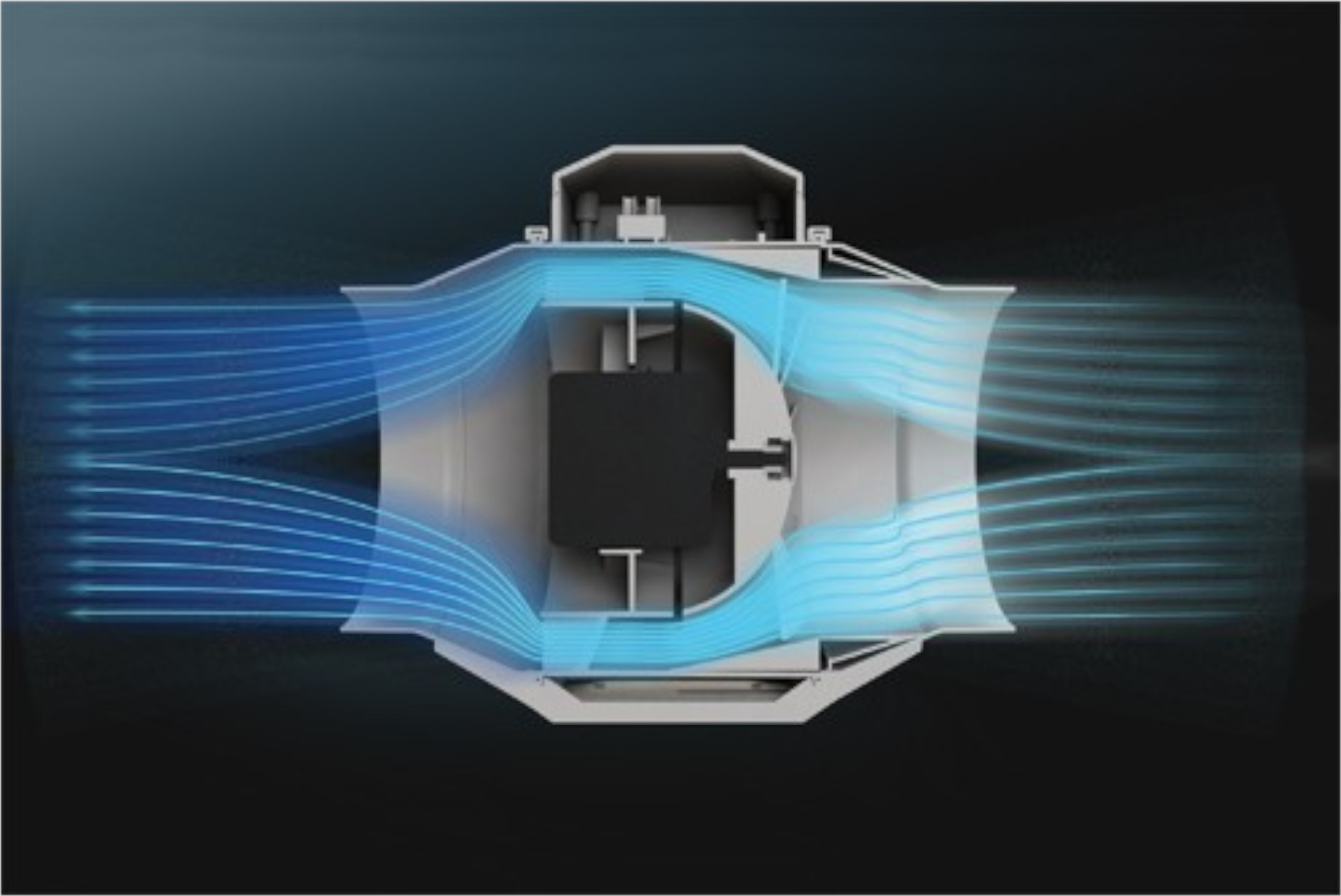Ein Diagramm eines Ventilators, das den Luftstrom mit blauen Linien zeigt, vor dunklem Hintergrund.