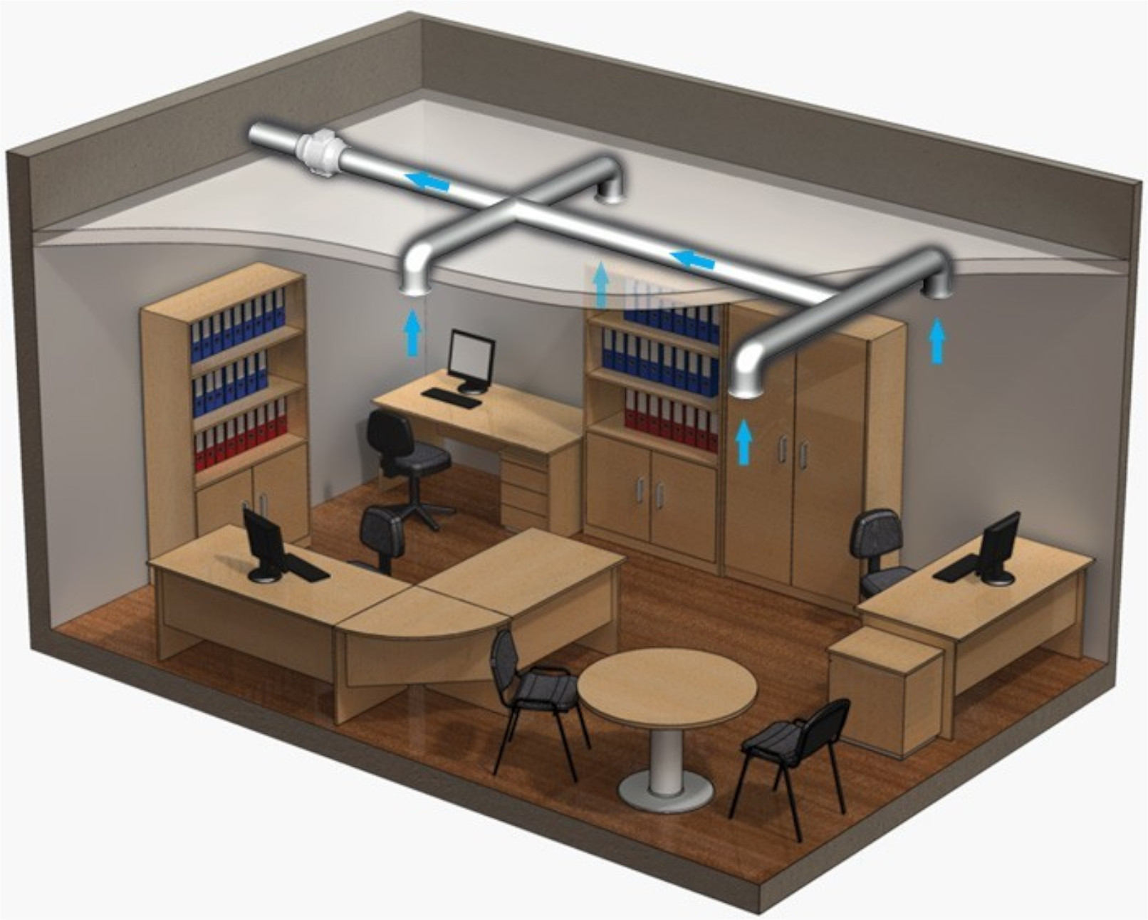 Ein Büro mit Schreibtischen, Stühlen, Computern und einem Luftkanalsystem an der Decke.