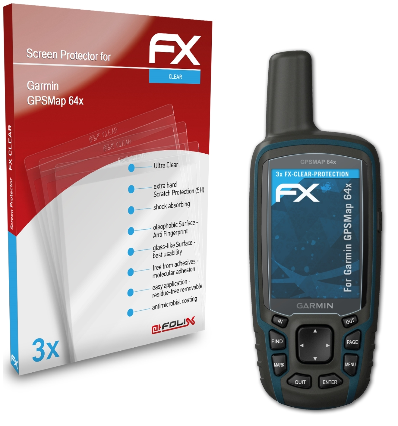 ATFOLIX 3x Displayschutz(für 64x) GPSMap Garmin FX-Clear