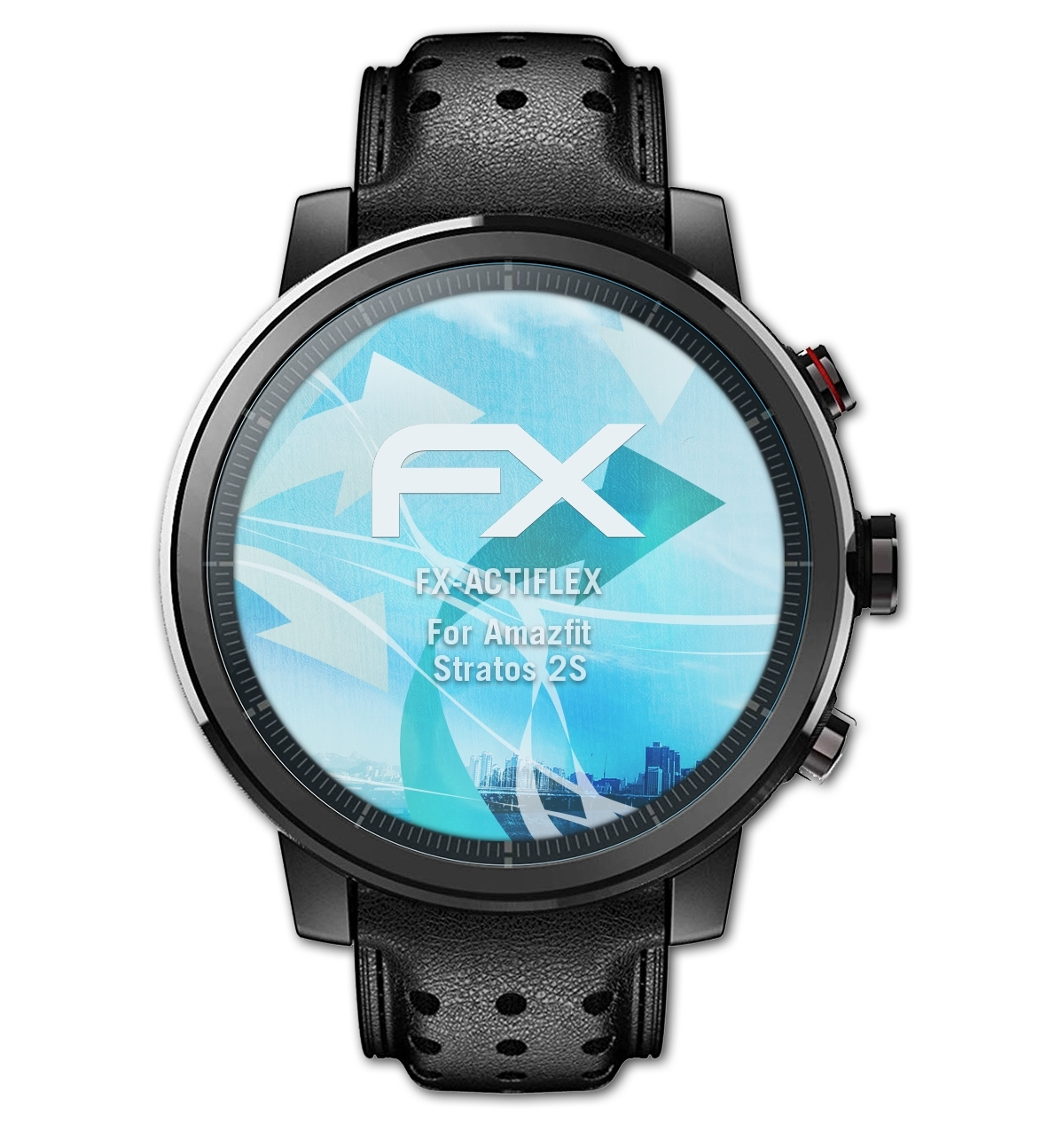 Schwarze Smartwatch mit blauem Display mit FX-Logo. Weißer Hintergrund.