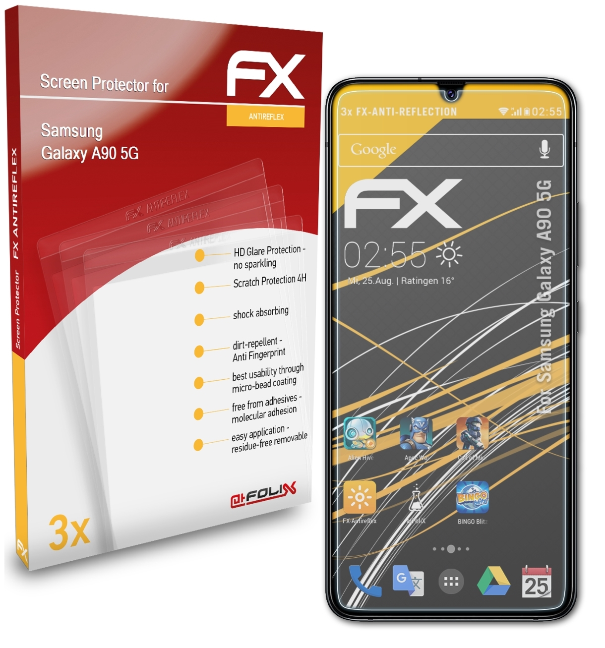 3x Displayschutz(für ATFOLIX 5G) A90 Samsung FX-Antireflex Galaxy