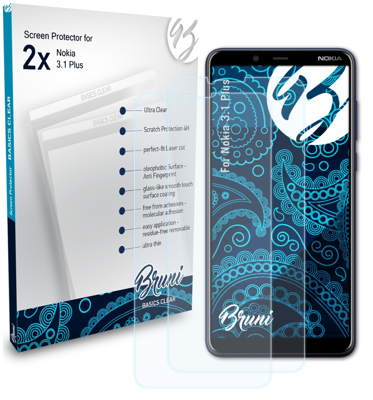 BRUNI 2x Basics-Clear Schutzfolie(für Plus) Nokia 3.1