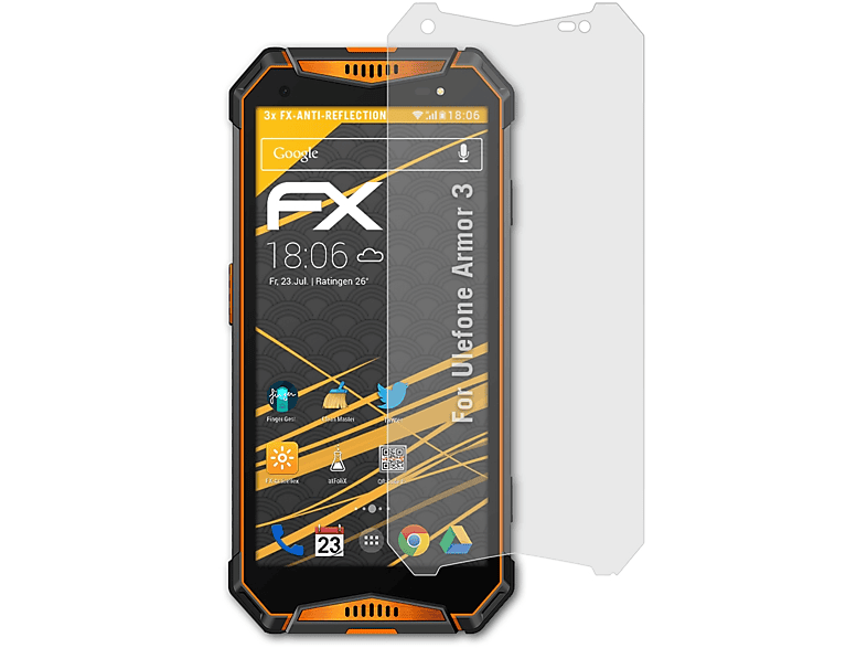 ATFOLIX 3x FX-Antireflex Ulefone Displayschutz(für 3) Armor