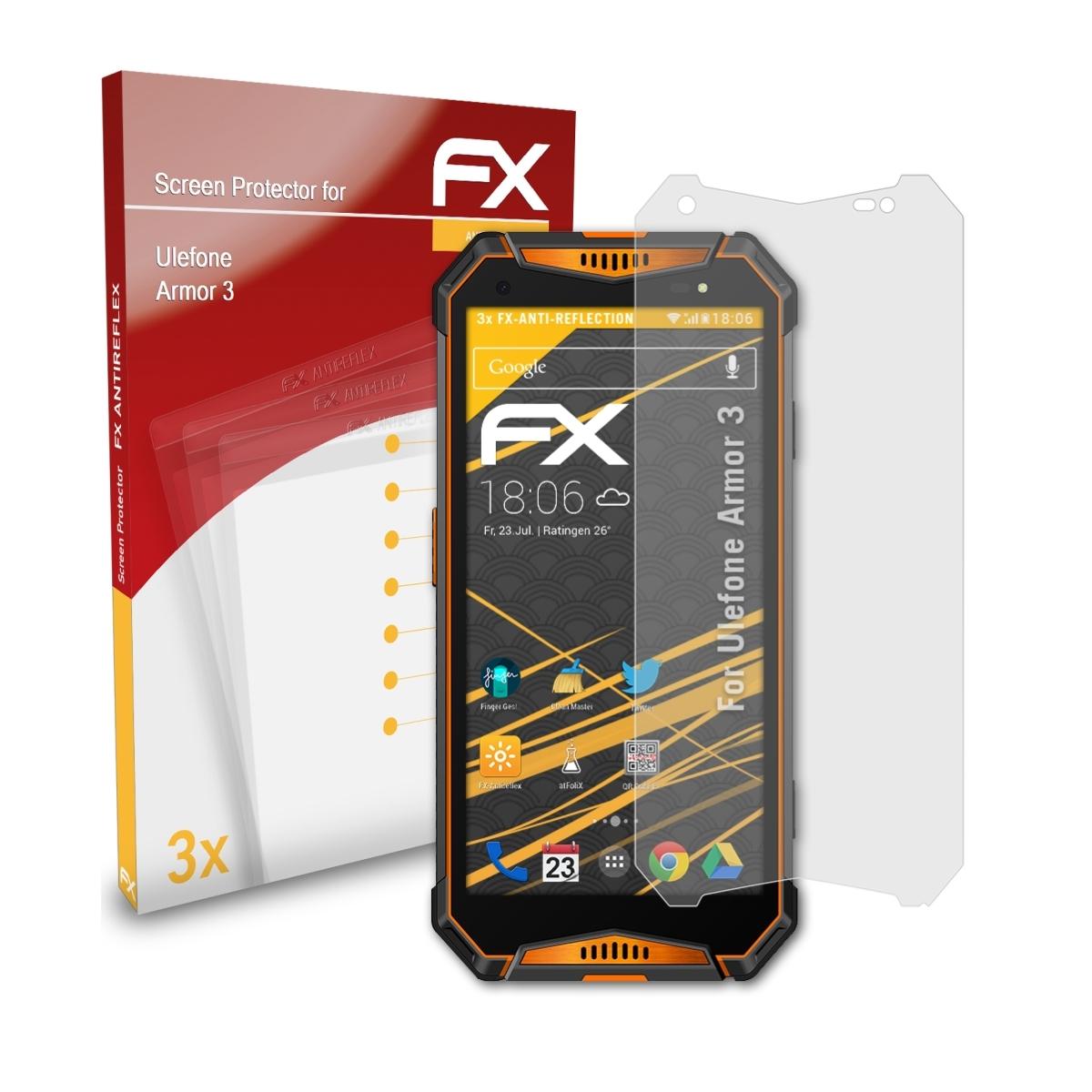 ATFOLIX 3x FX-Antireflex Ulefone Displayschutz(für 3) Armor