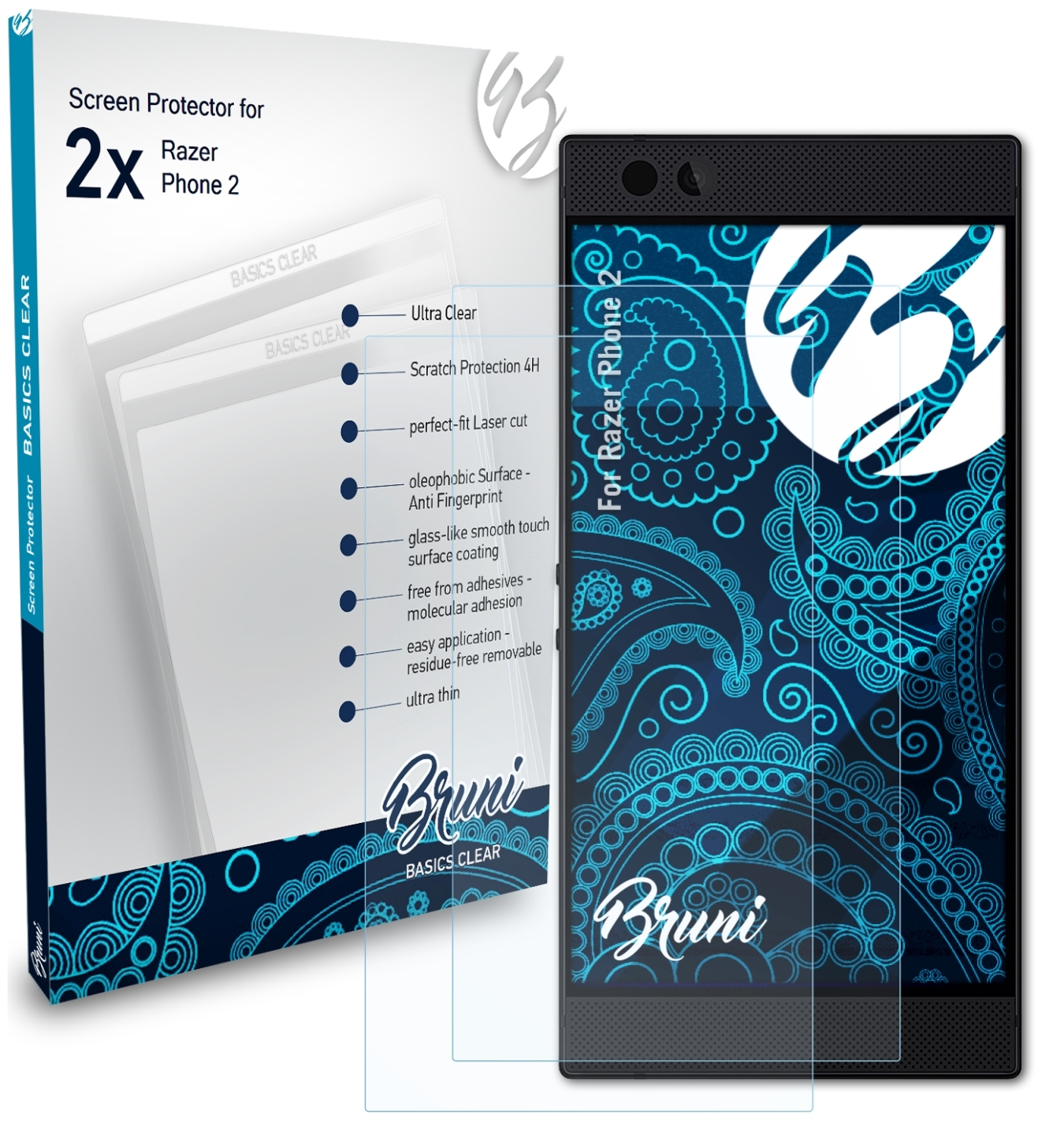 Razer Phone BRUNI 2) Basics-Clear Schutzfolie(für 2x
