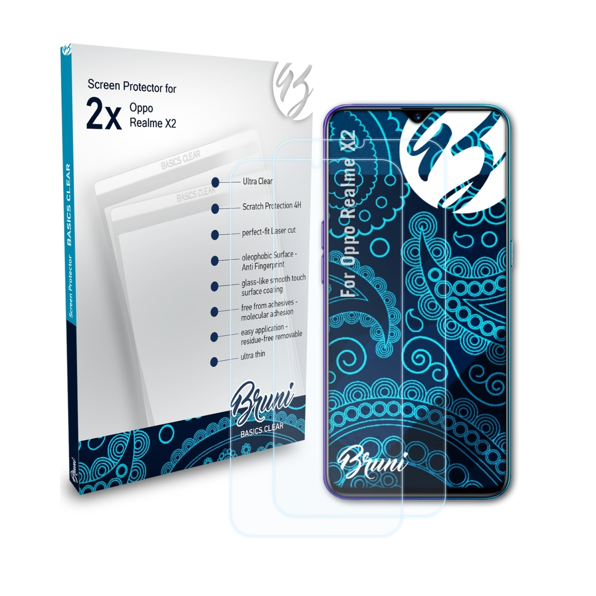 BRUNI 2x Basics-Clear Schutzfolie(für Oppo Realme X2)