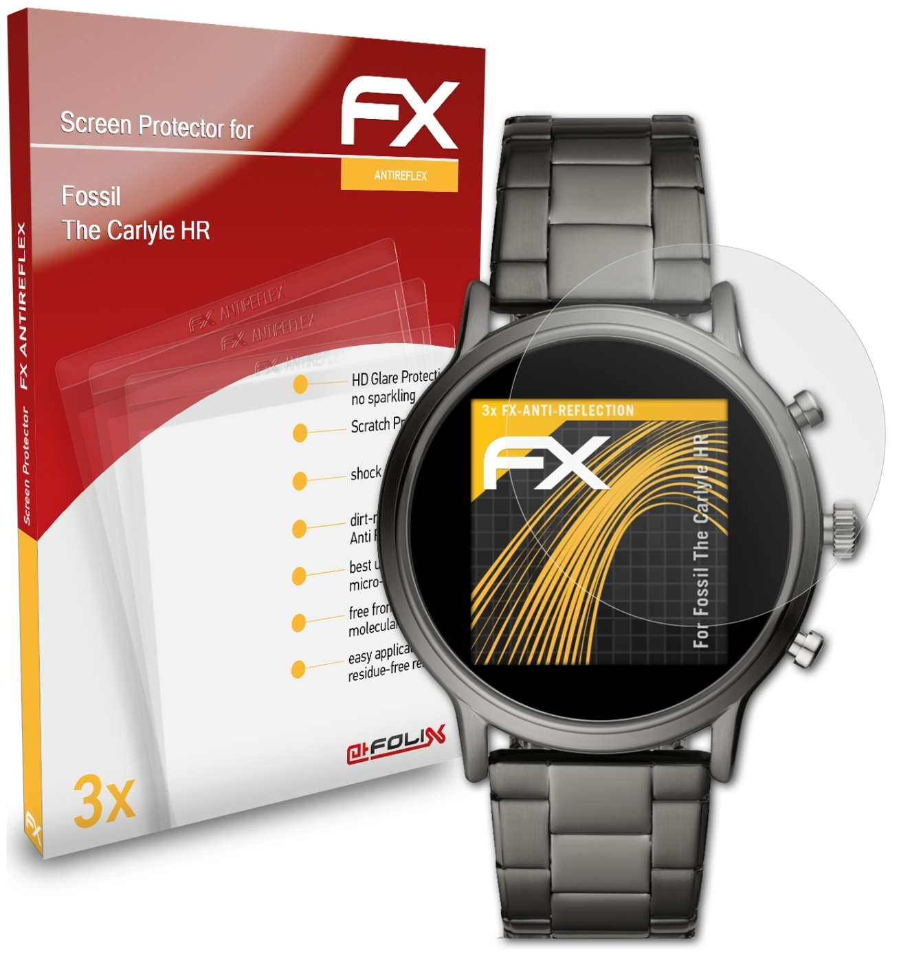 ATFOLIX 3x FX-Antireflex Displayschutz(für Fossil Carlyle The HR)