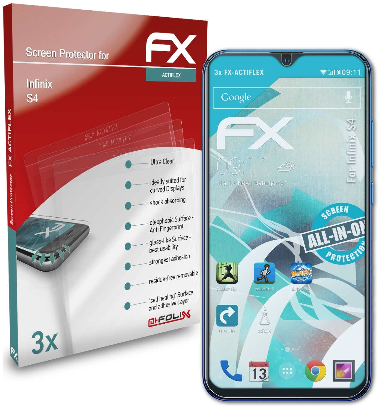 ATFOLIX 3x Displayschutz(für Infinix S4) FX-ActiFleX