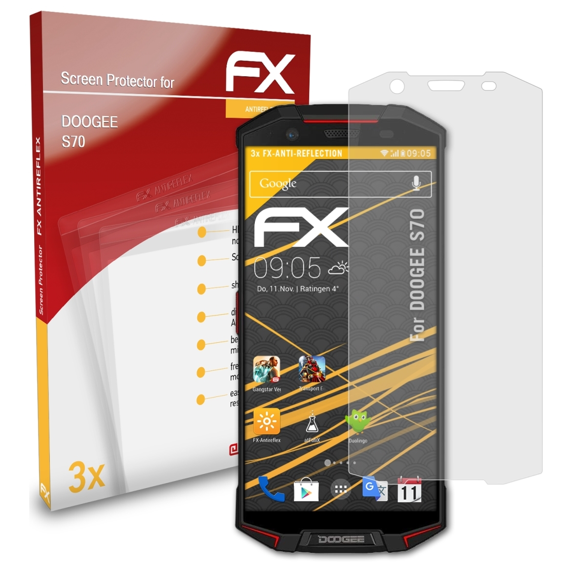 ATFOLIX S70) 3x FX-Antireflex Displayschutz(für Doogee