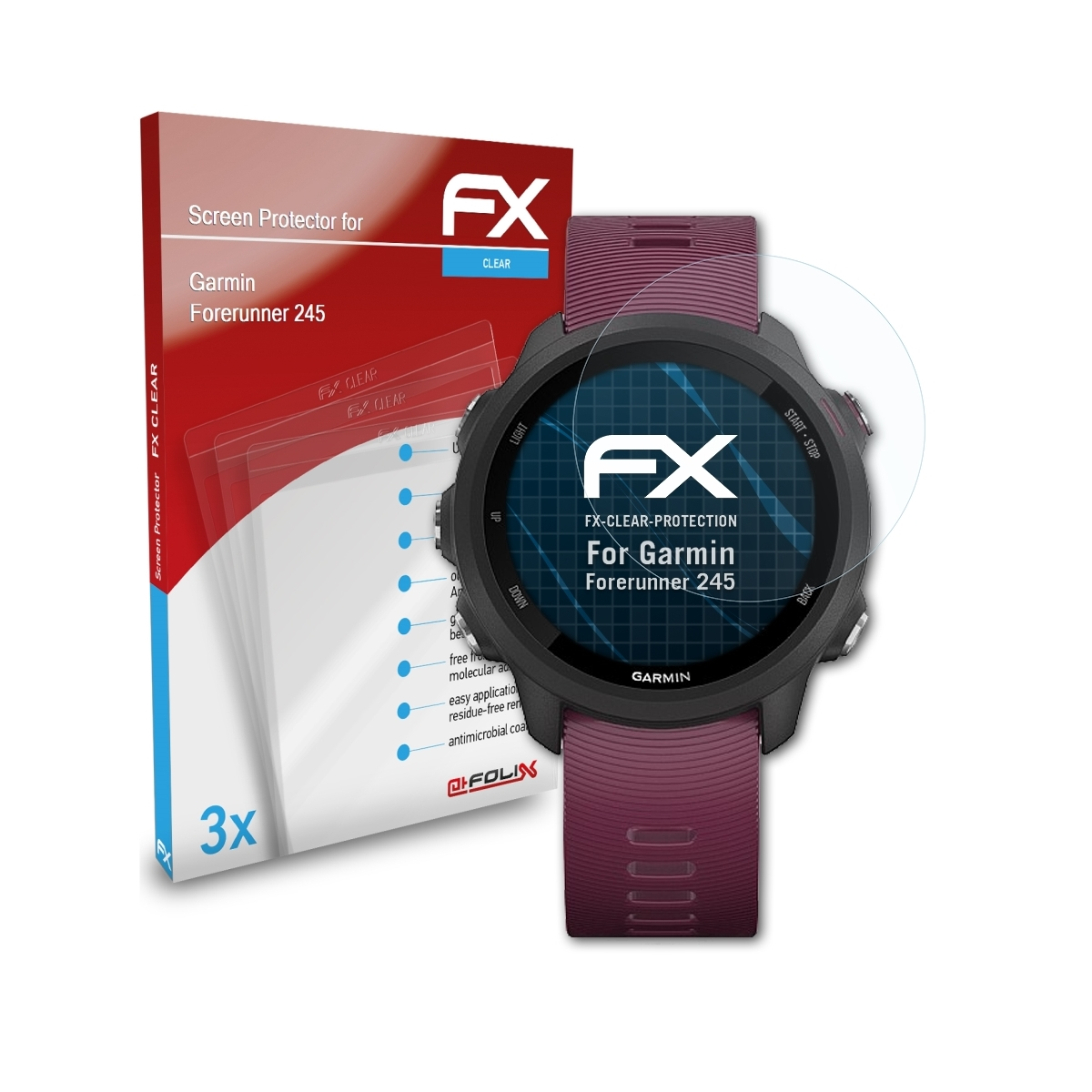 ATFOLIX 245) 3x Garmin Forerunner Displayschutz(für FX-Clear