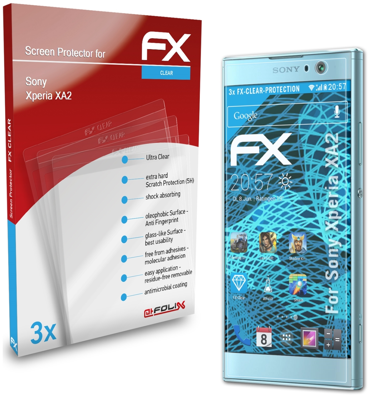 ATFOLIX 3x FX-Clear Displayschutz(für Sony Xperia XA2)