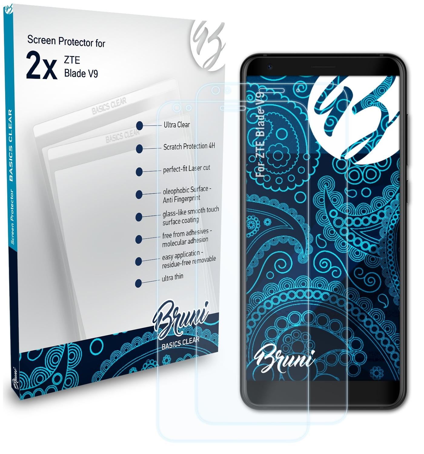 BRUNI 2x ZTE Blade Basics-Clear V9) Schutzfolie(für