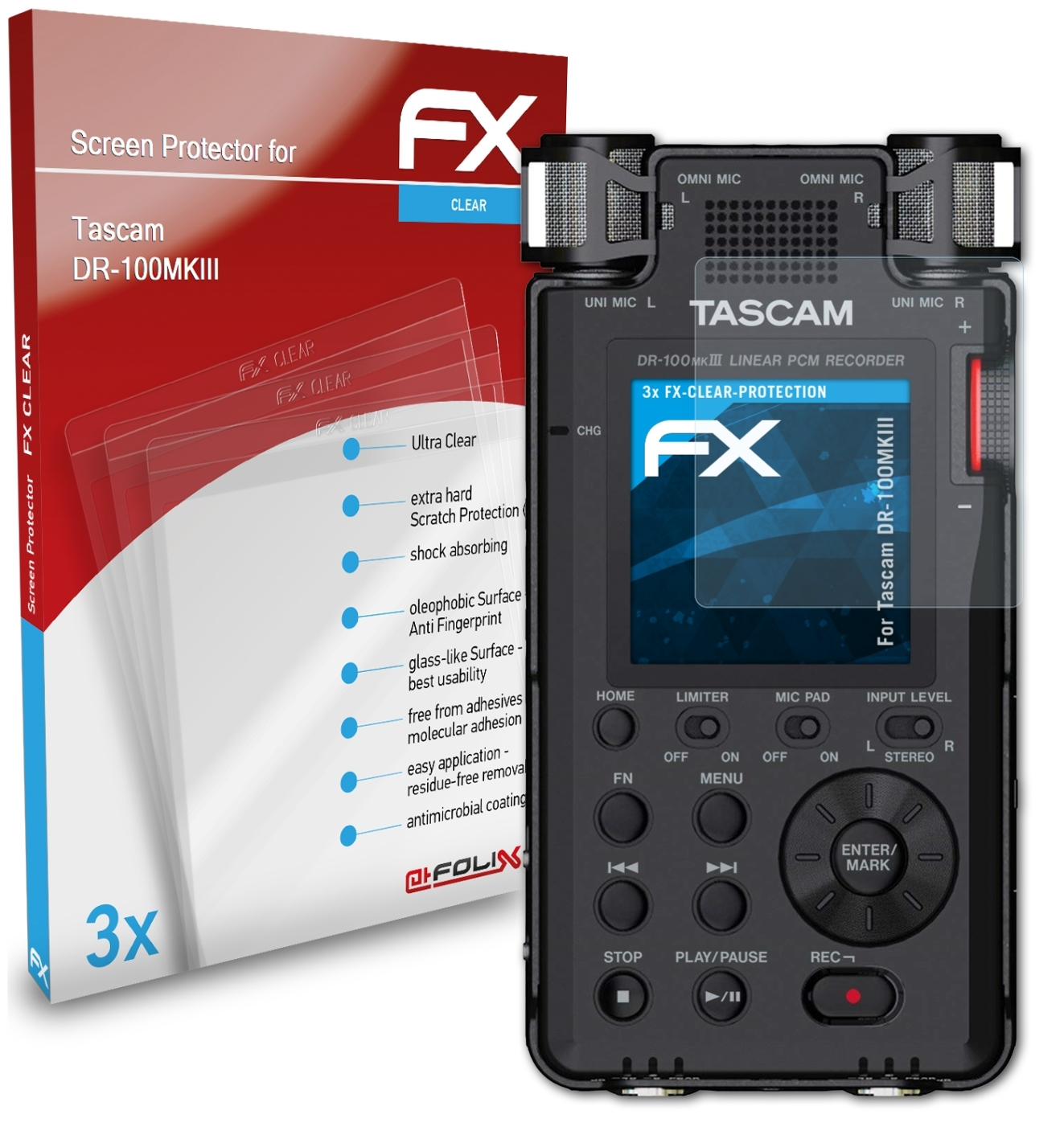 DR-100MKIII) Tascam 3x FX-Clear ATFOLIX Displayschutz(für