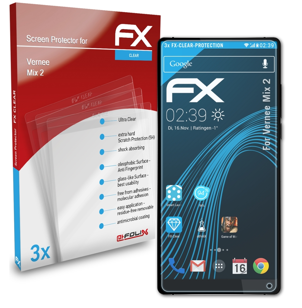 ATFOLIX Displayschutz(für Mix 2) Vernee FX-Clear 3x