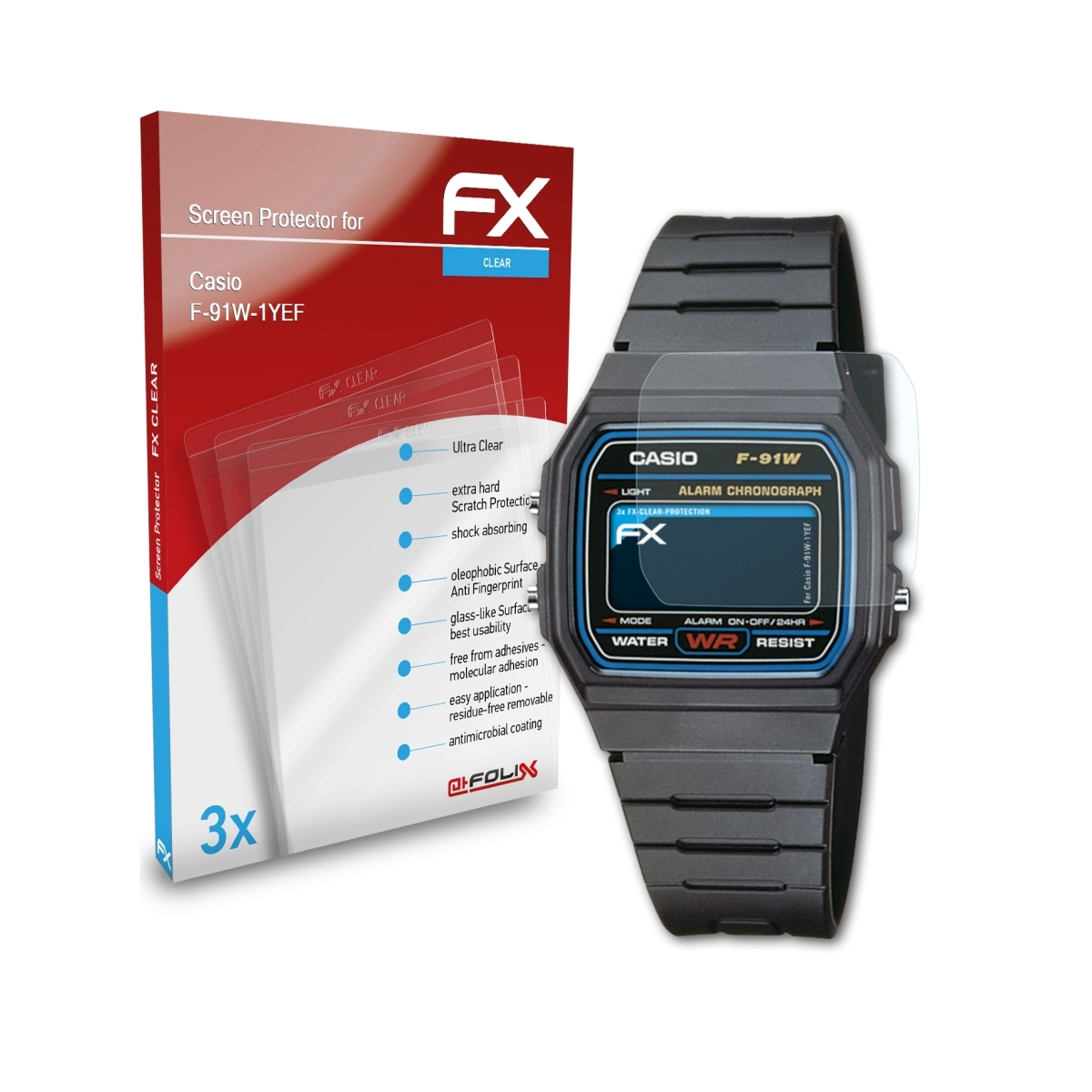ATFOLIX 3x FX-Clear Displayschutz(für Casio F-91W-1YEF)