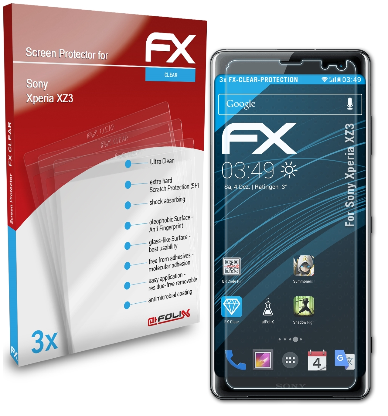 ATFOLIX 3x Sony Xperia Displayschutz(für FX-Clear XZ3)