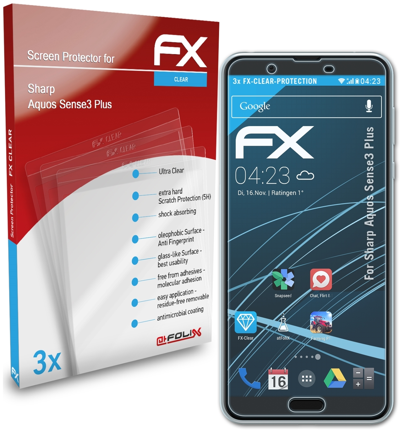 Sharp FX-Clear Plus) Sense3 3x Aquos Displayschutz(für ATFOLIX