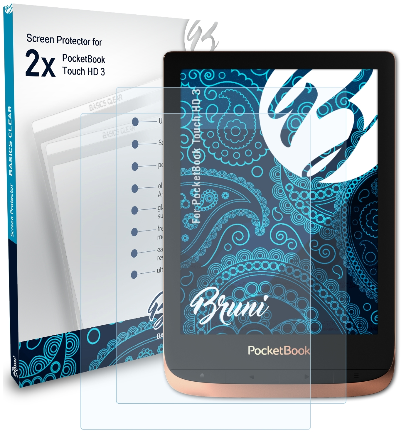 BRUNI 2x Basics-Clear 3) PocketBook Schutzfolie(für Touch HD