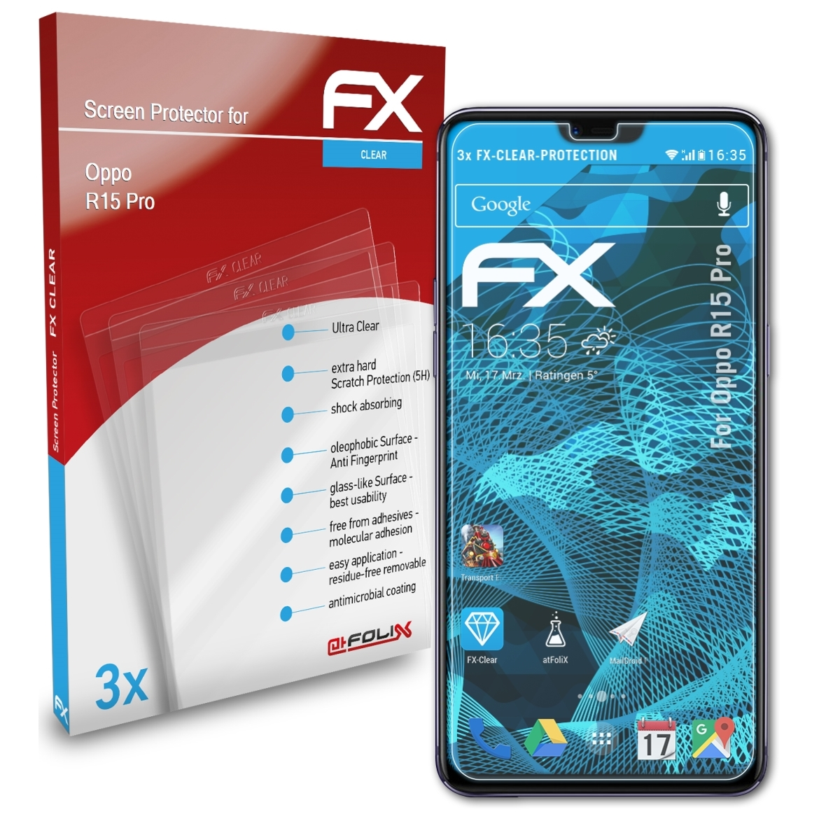 ATFOLIX 3x FX-Clear Oppo Displayschutz(für Pro) R15