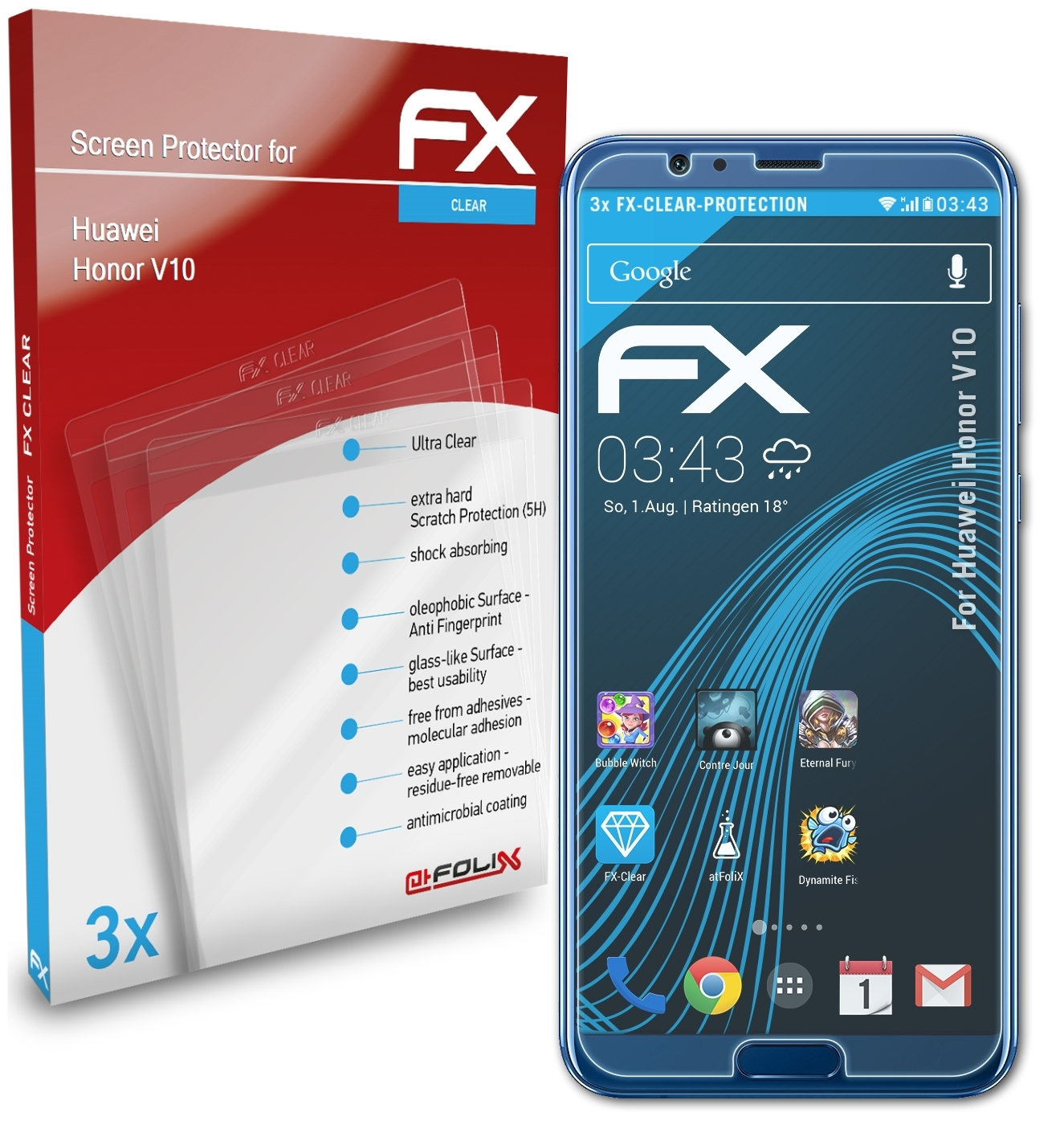 ATFOLIX 3x FX-Clear Displayschutz(für Honor Huawei V10)