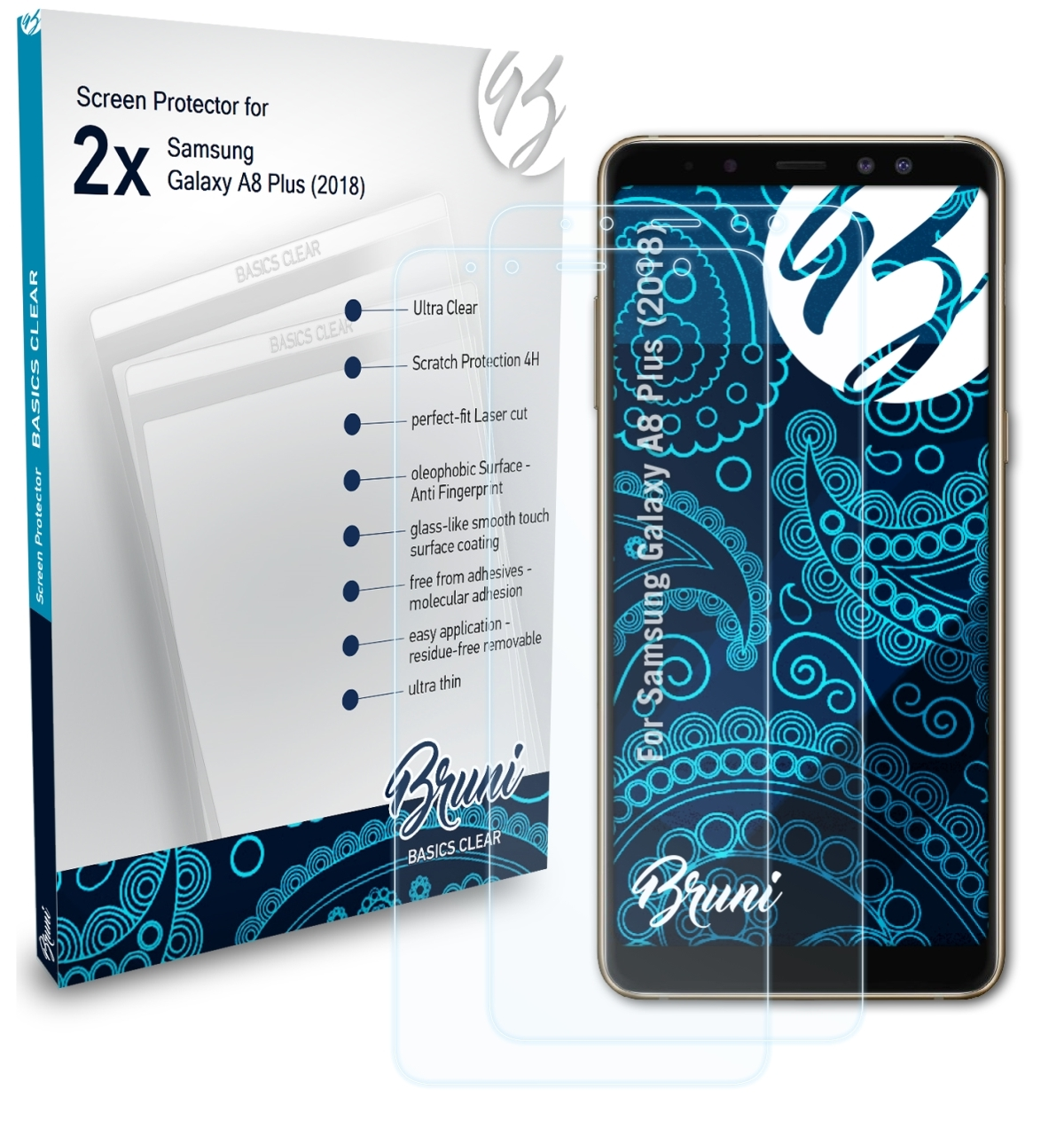 Samsung Schutzfolie(für (2018)) A8 Plus 2x Basics-Clear BRUNI Galaxy