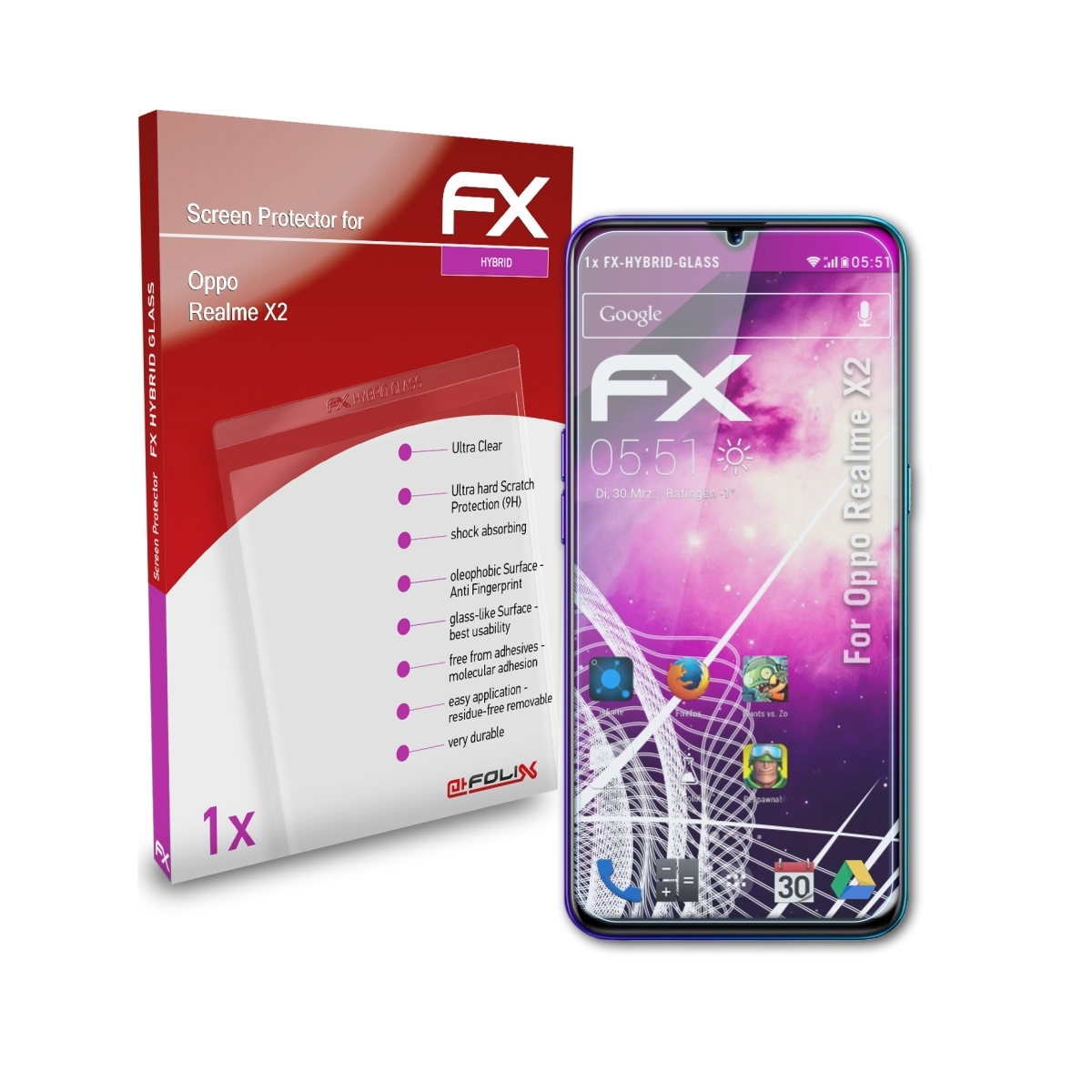 X2) Realme Schutzglas(für FX-Hybrid-Glass ATFOLIX Oppo