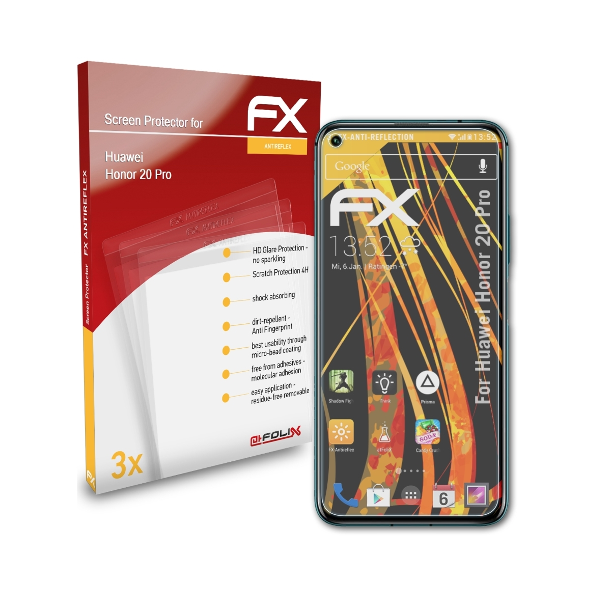 FX-Antireflex Honor 20 3x Displayschutz(für Pro) ATFOLIX Huawei