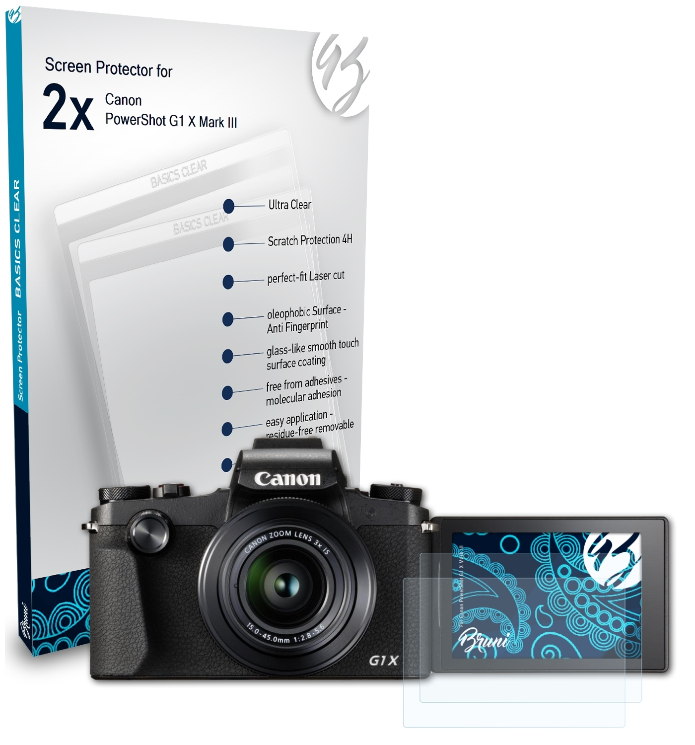 III) 2x Basics-Clear G1 Schutzfolie(für Canon PowerShot BRUNI X Mark