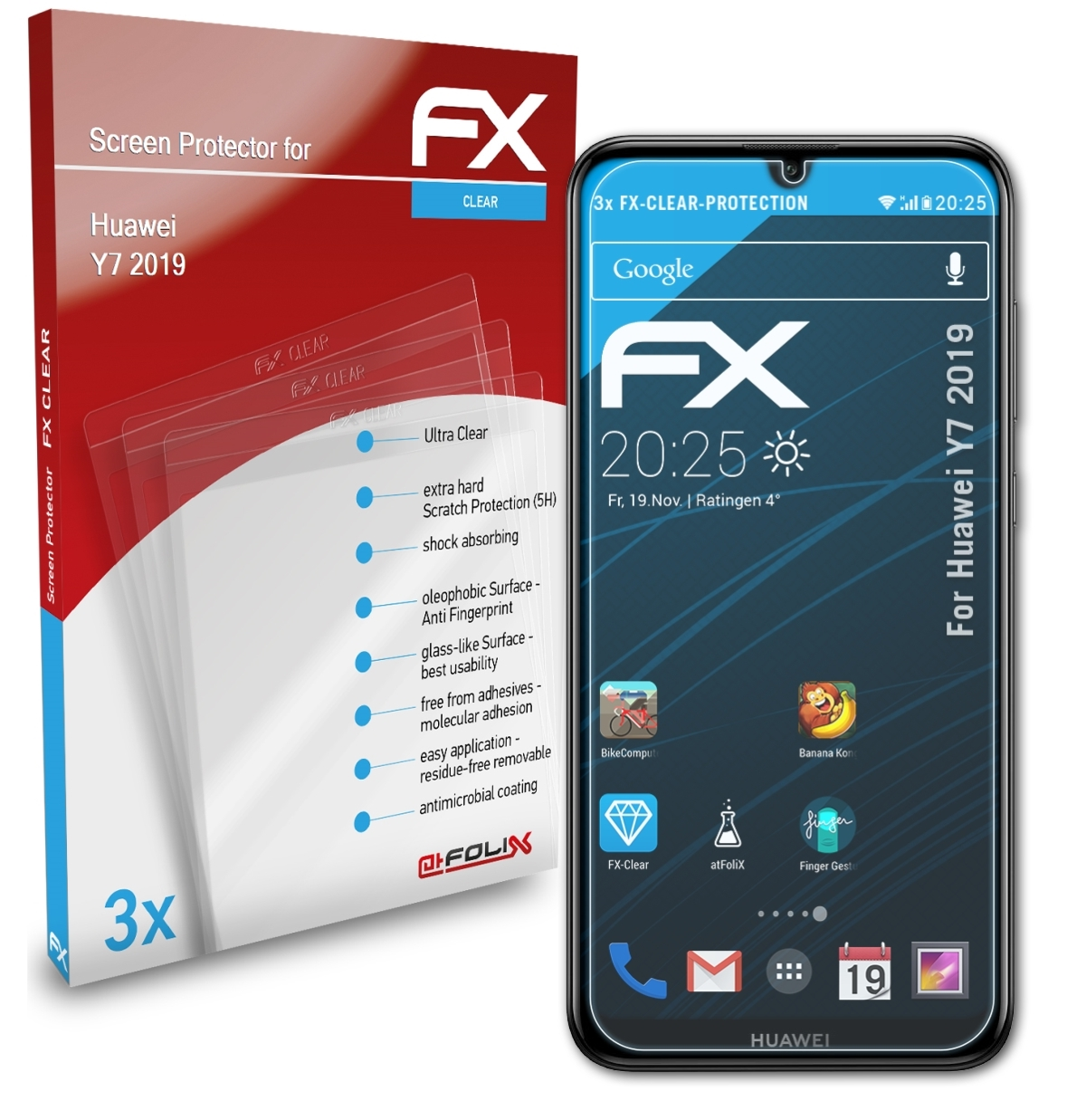 ATFOLIX 3x FX-Clear Displayschutz(für Huawei 2019) Y7