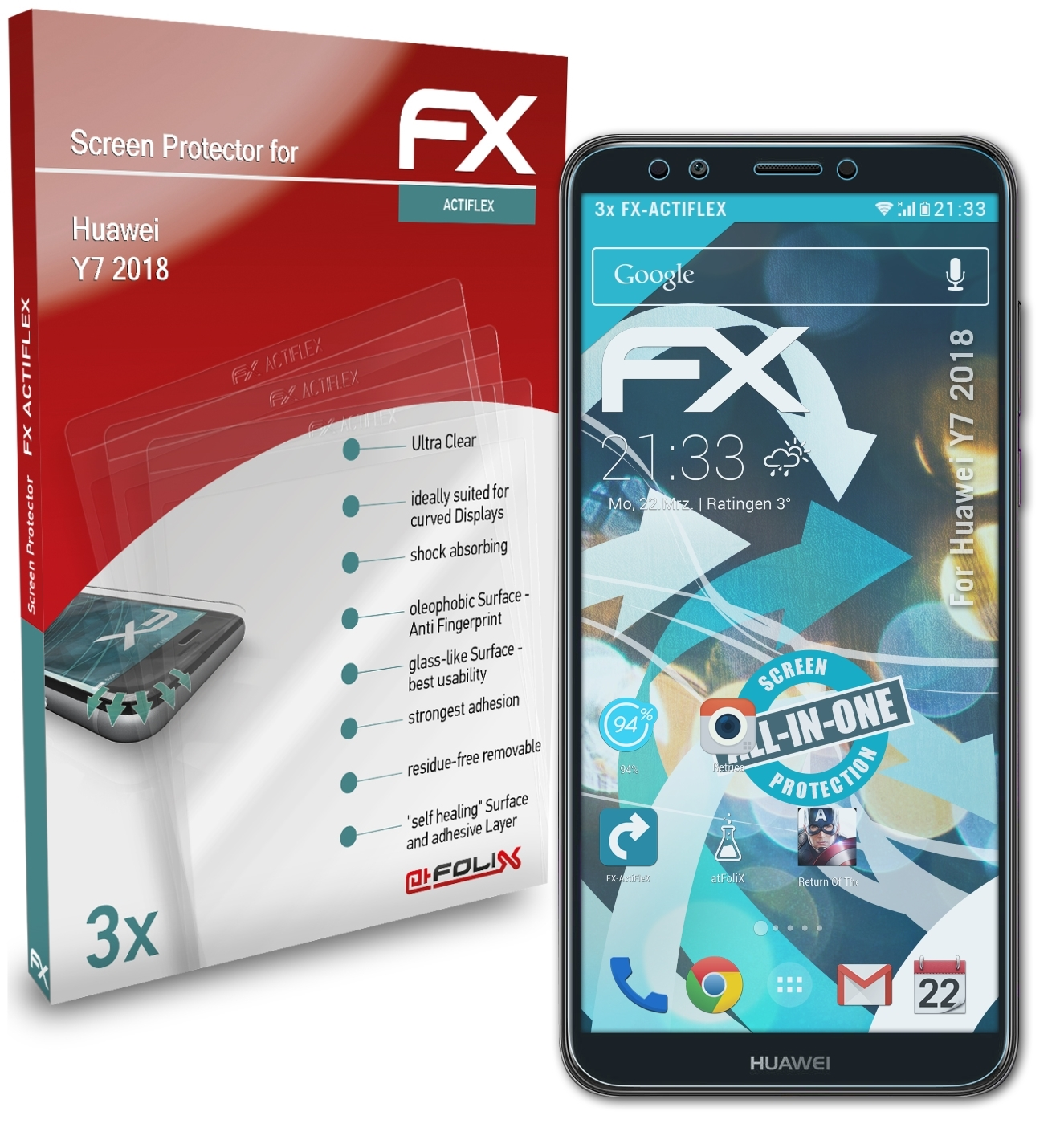 ATFOLIX 3x FX-ActiFleX Displayschutz(für Huawei 2018) Y7