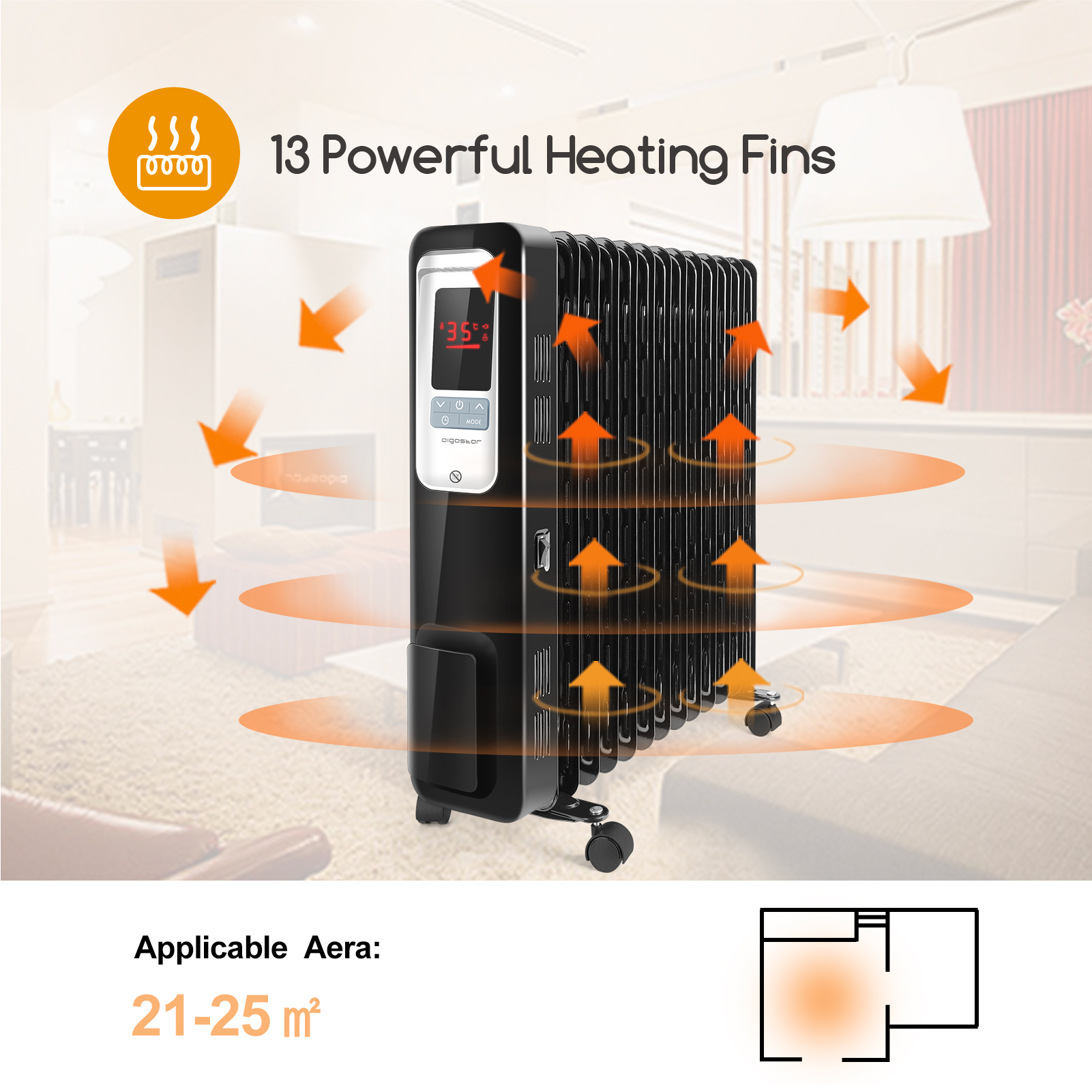 Un radiatore nero con display digitale, frecce che indicano il flusso di calore e testo sulle alette.