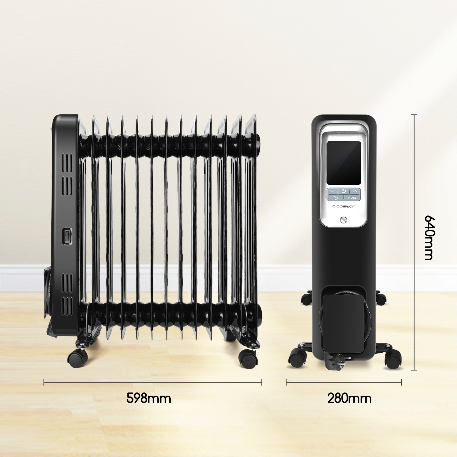 Termosifone a radiatore ad olio nero su un pavimento in legno, con dimensioni. Vista laterale e vista frontale.