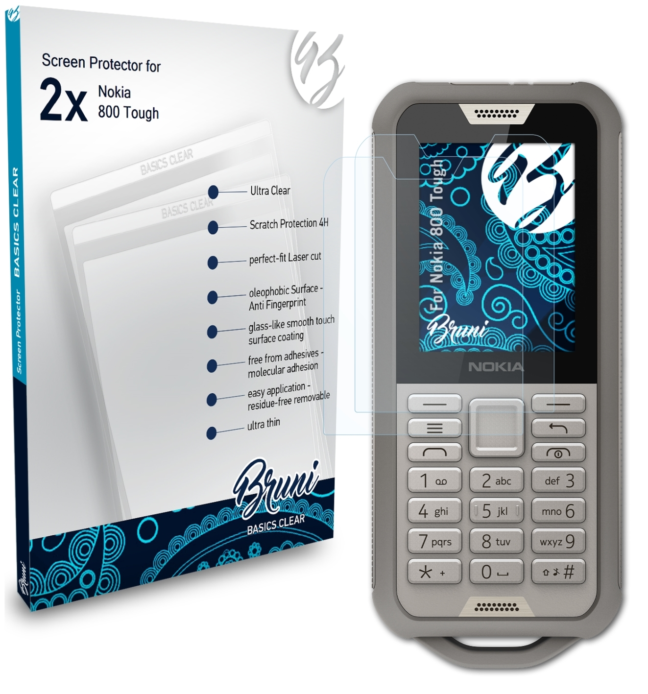 BRUNI 2x Basics-Clear Nokia Tough) Schutzfolie(für 800