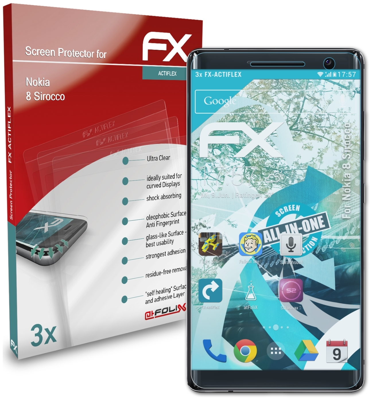 ATFOLIX 3x FX-ActiFleX Sirocco) Nokia 8 Displayschutz(für