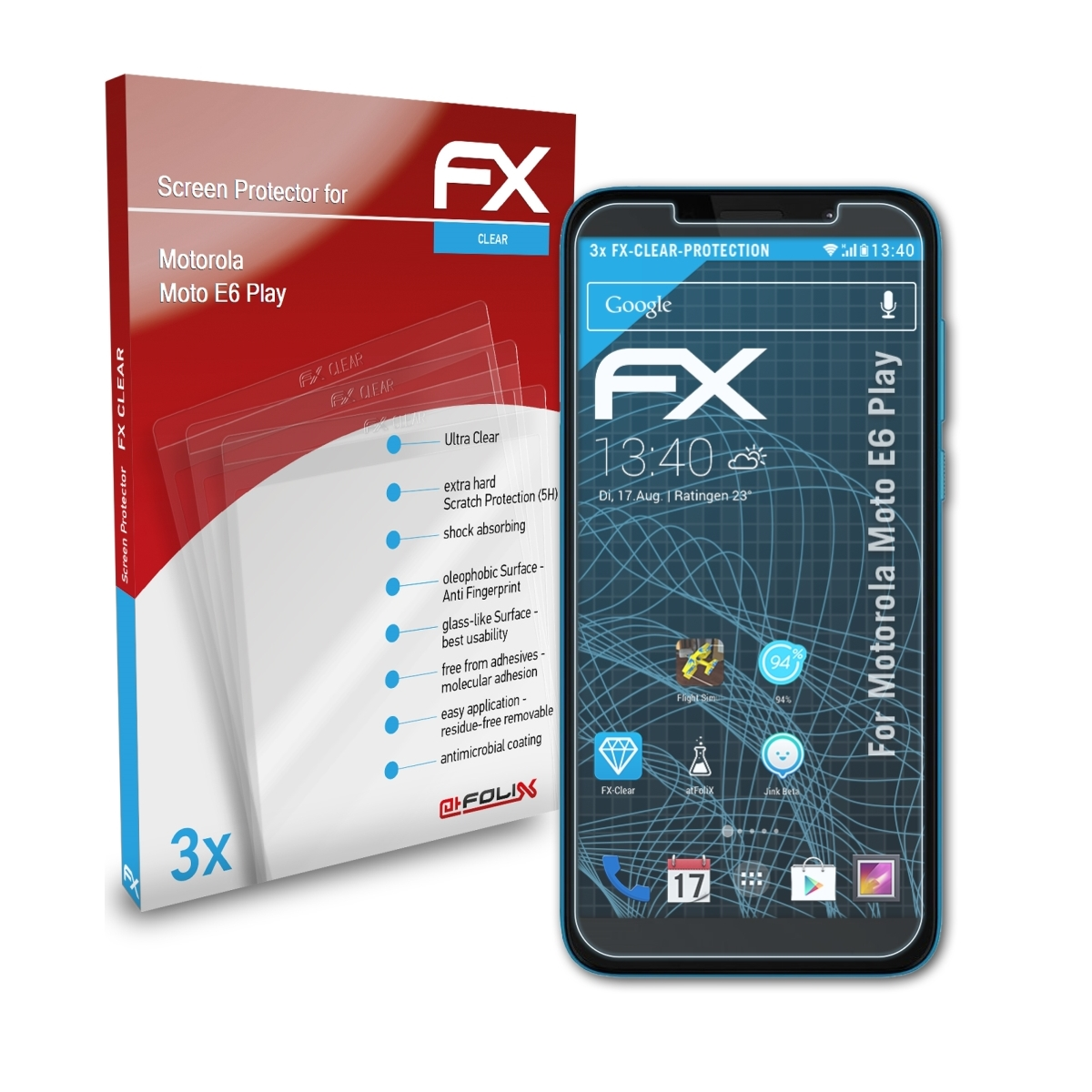 Moto Play) ATFOLIX 3x Motorola FX-Clear Displayschutz(für E6