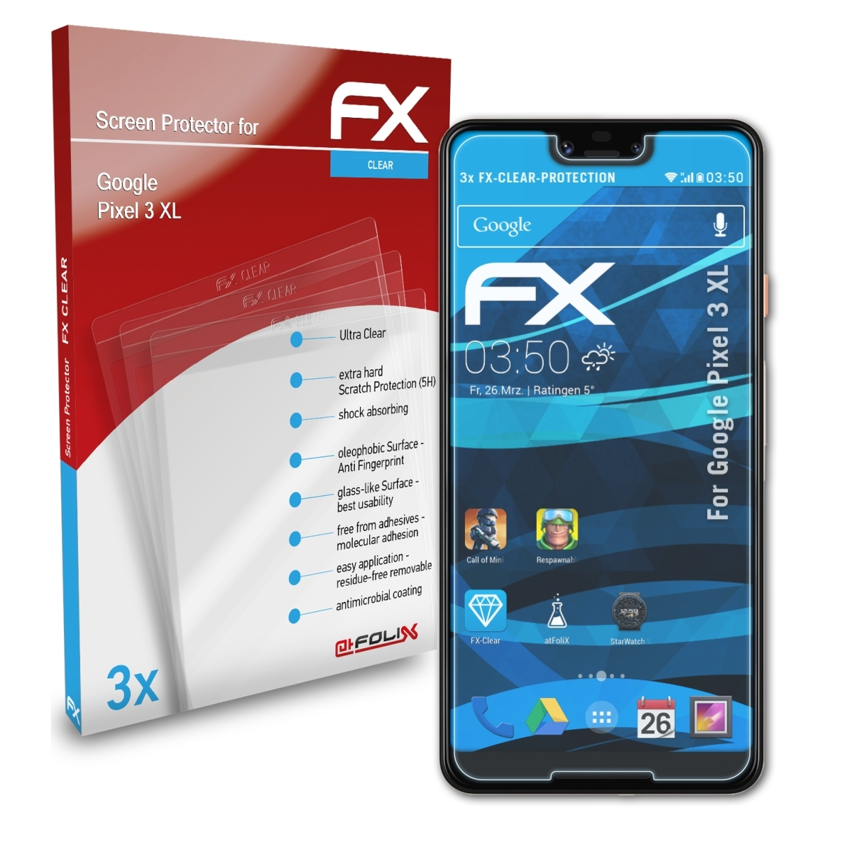 ATFOLIX 3x FX-Clear Displayschutz(für XL) Google Pixel 3