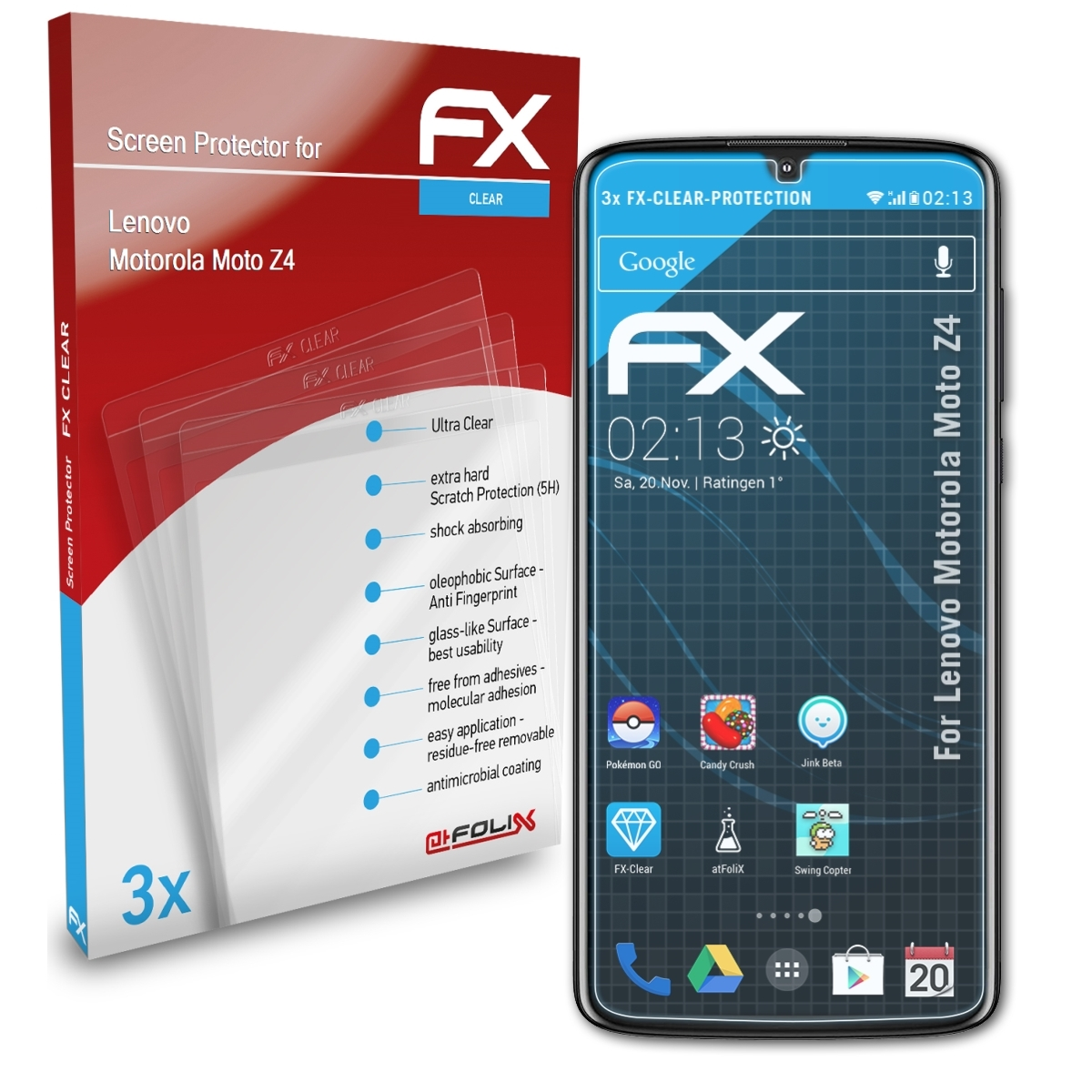 ATFOLIX 3x Z4) Moto FX-Clear Motorola Lenovo Displayschutz(für